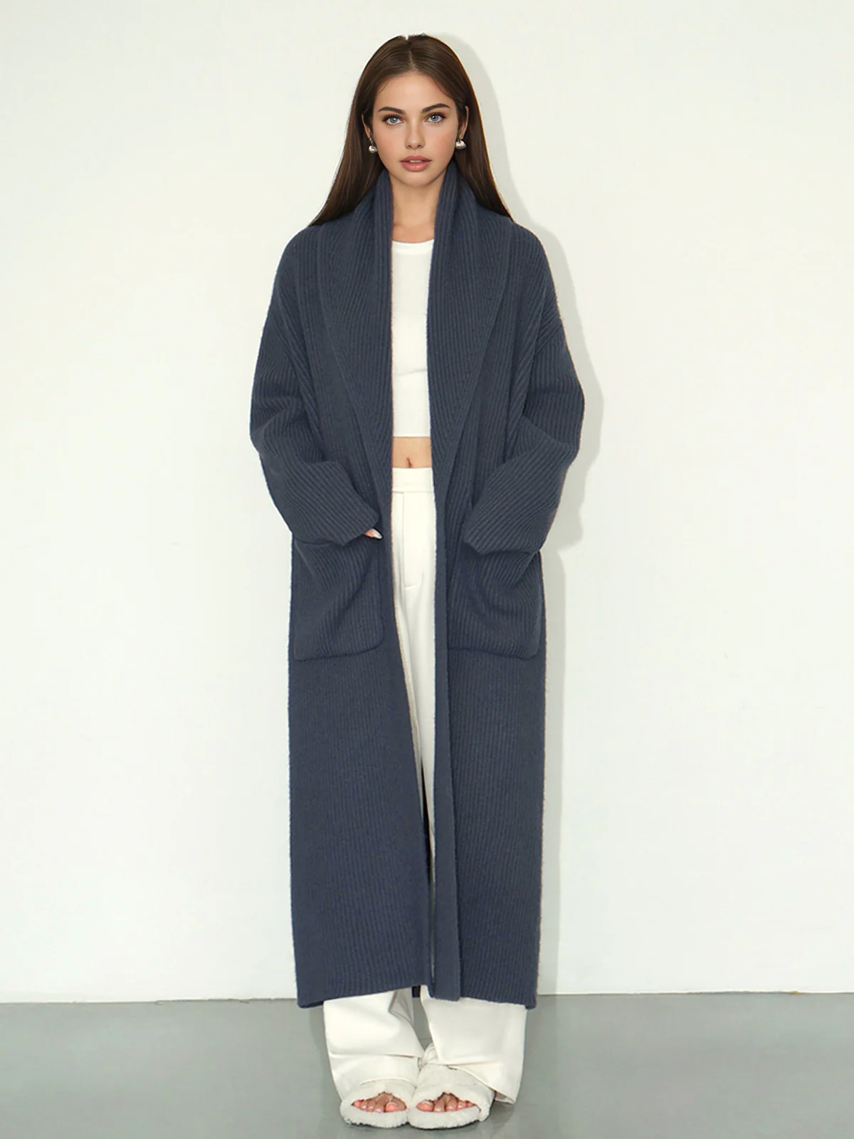 Plain Ribbed Pockets Long Cardigan - Image 3