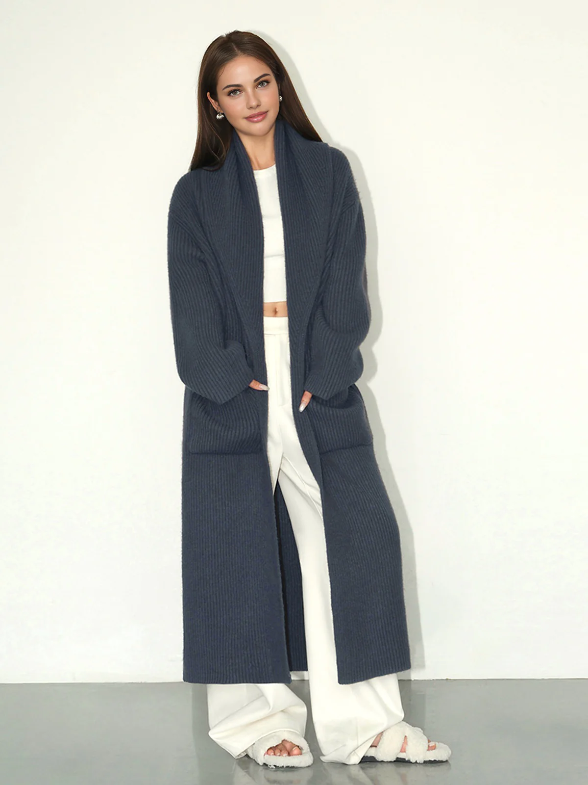 Plain Ribbed Pockets Long Cardigan - Image 4