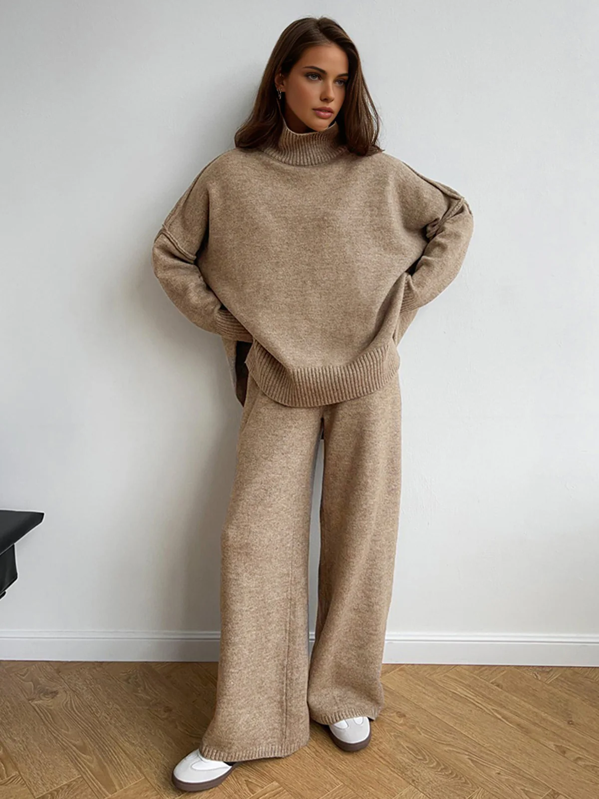 Plain Turtleneck Knit Pants Set - Image 2