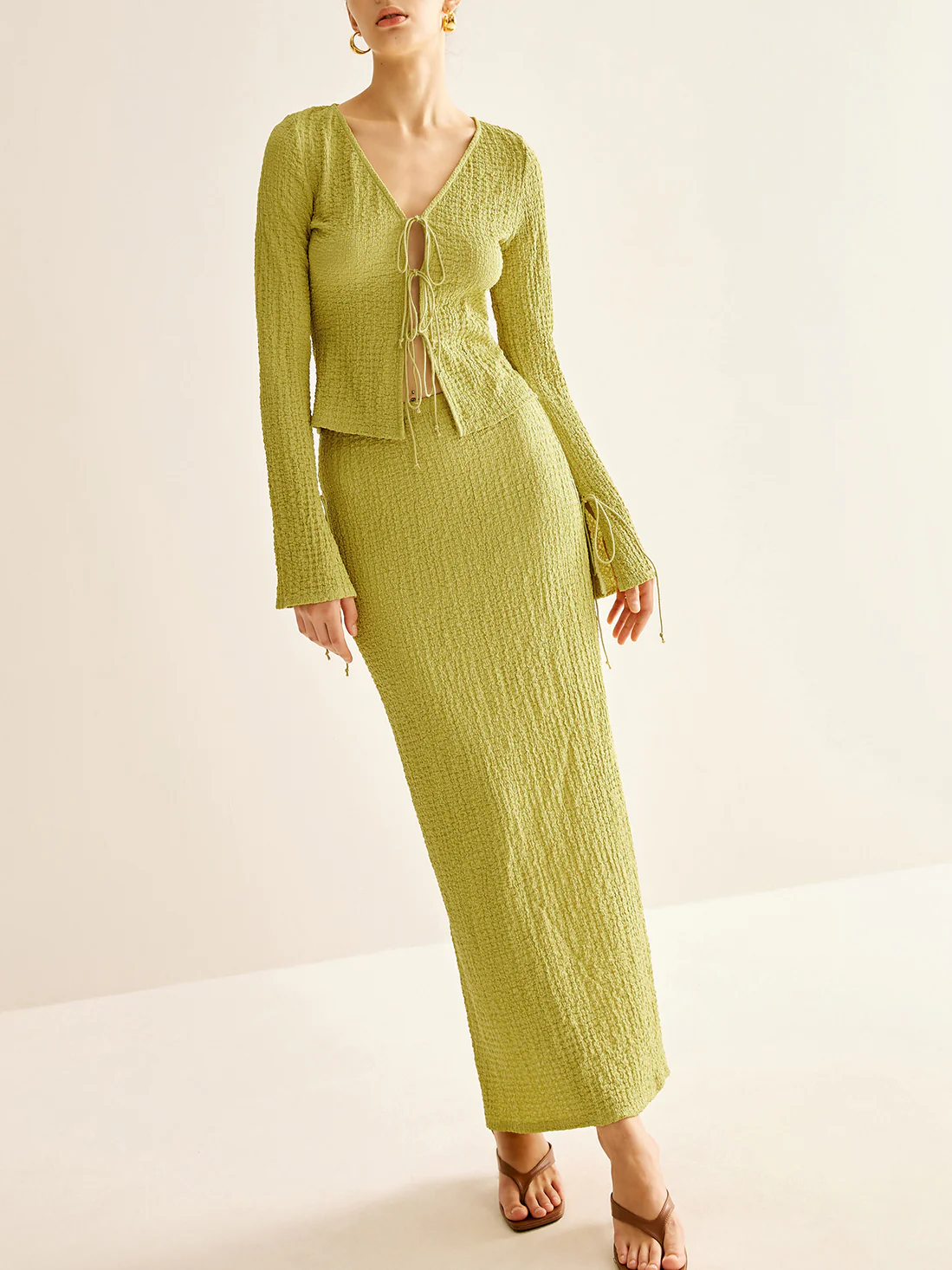 Plain V-Neck Lace Up Skirt Set - Image 2