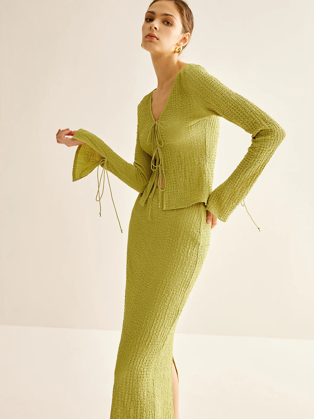Plain V-Neck Lace Up Skirt Set - Image 3