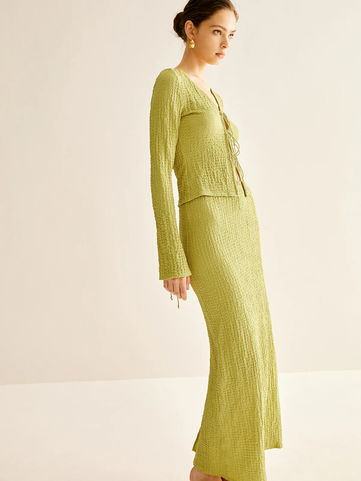 Plain V-Neck Lace Up Skirt Set - Image 6
