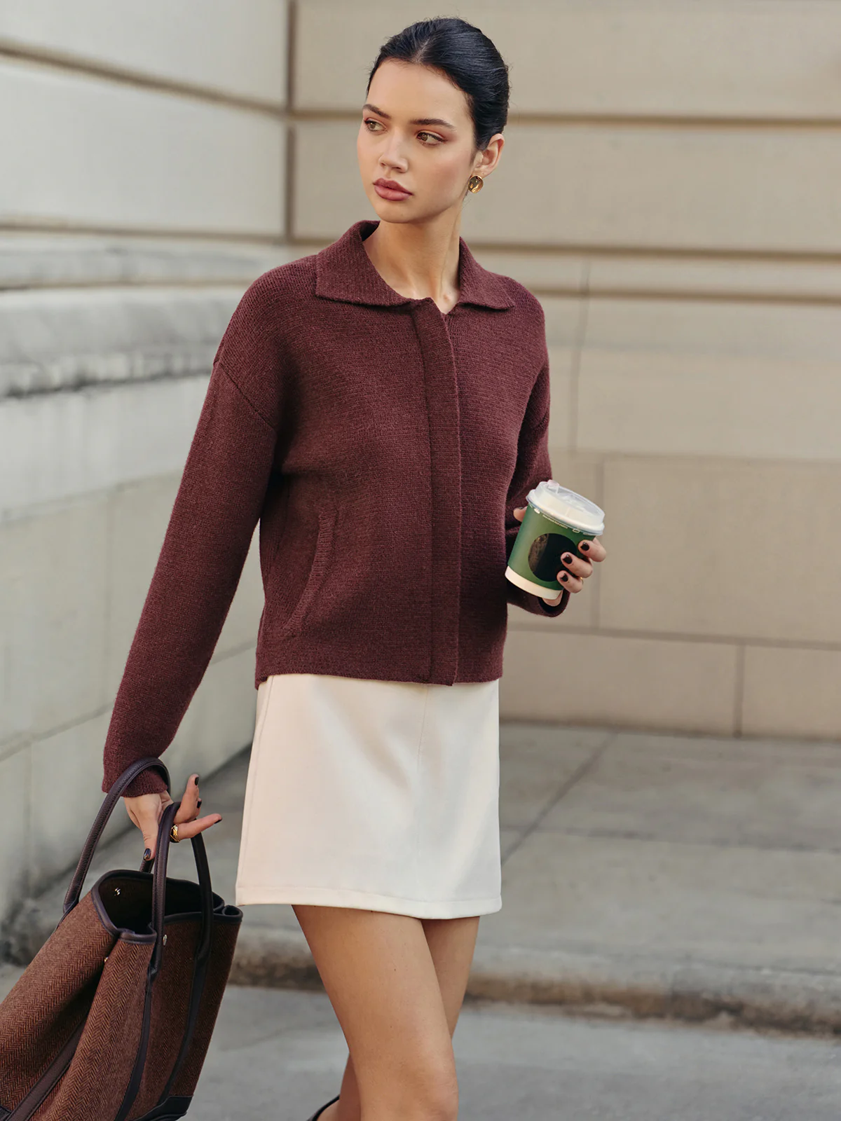 Plain Zipper Polo Cardigan - Image 2