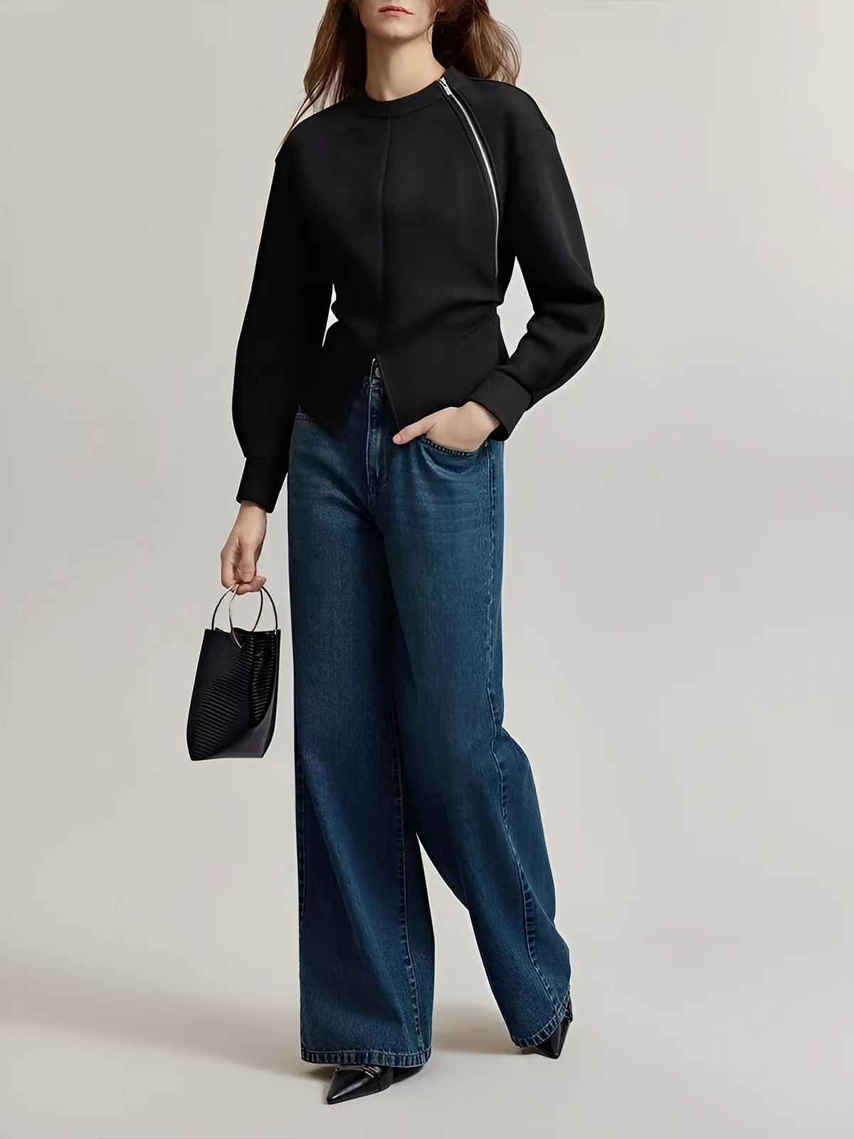 Plain Zipper Split Blouse - Image 3