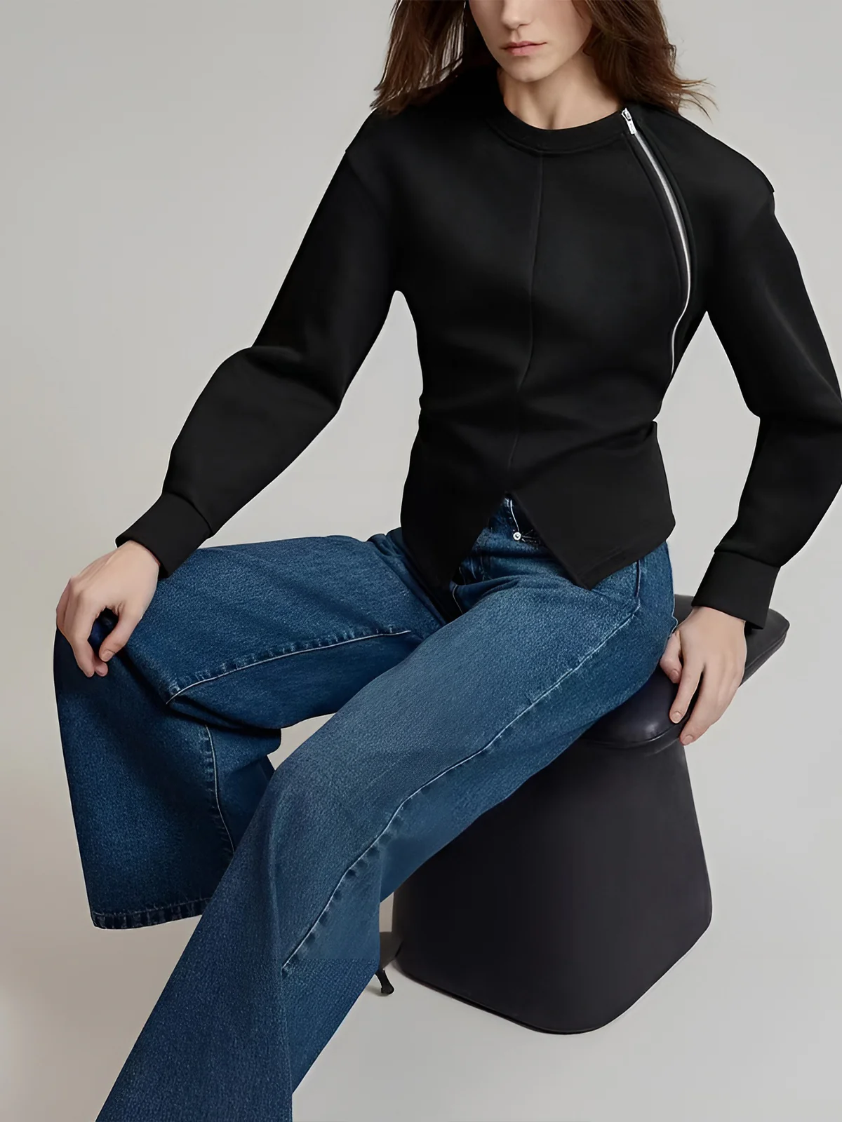 Plain Zipper Split Blouse - Image 4