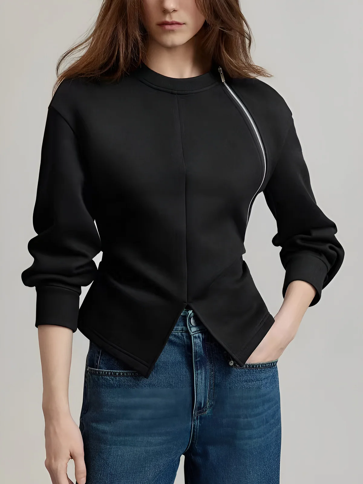 Plain Zipper Split Blouse - Image 5