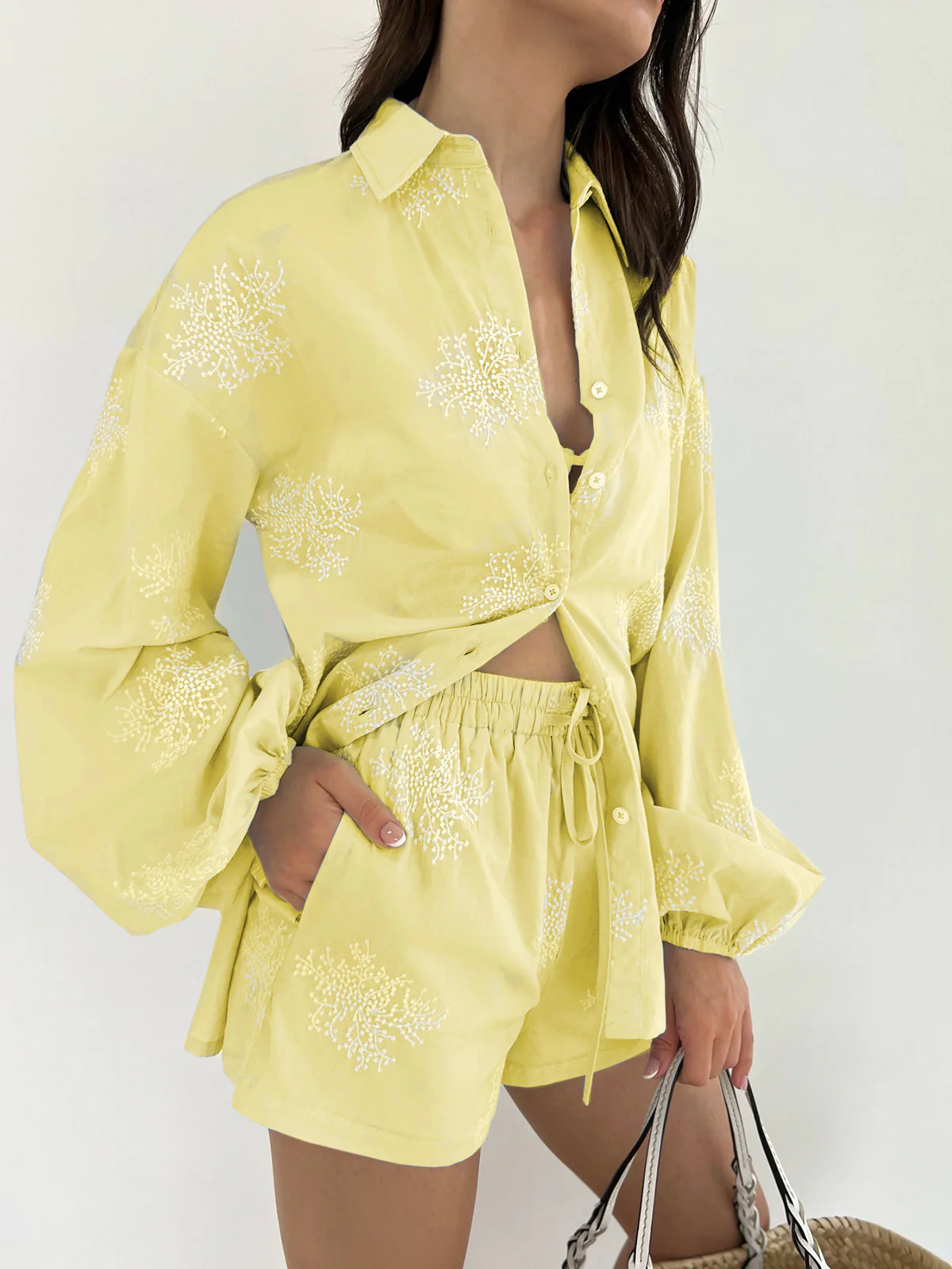 Semi-Sheer Plant Embroidery Casual Shorts Set - Image 5