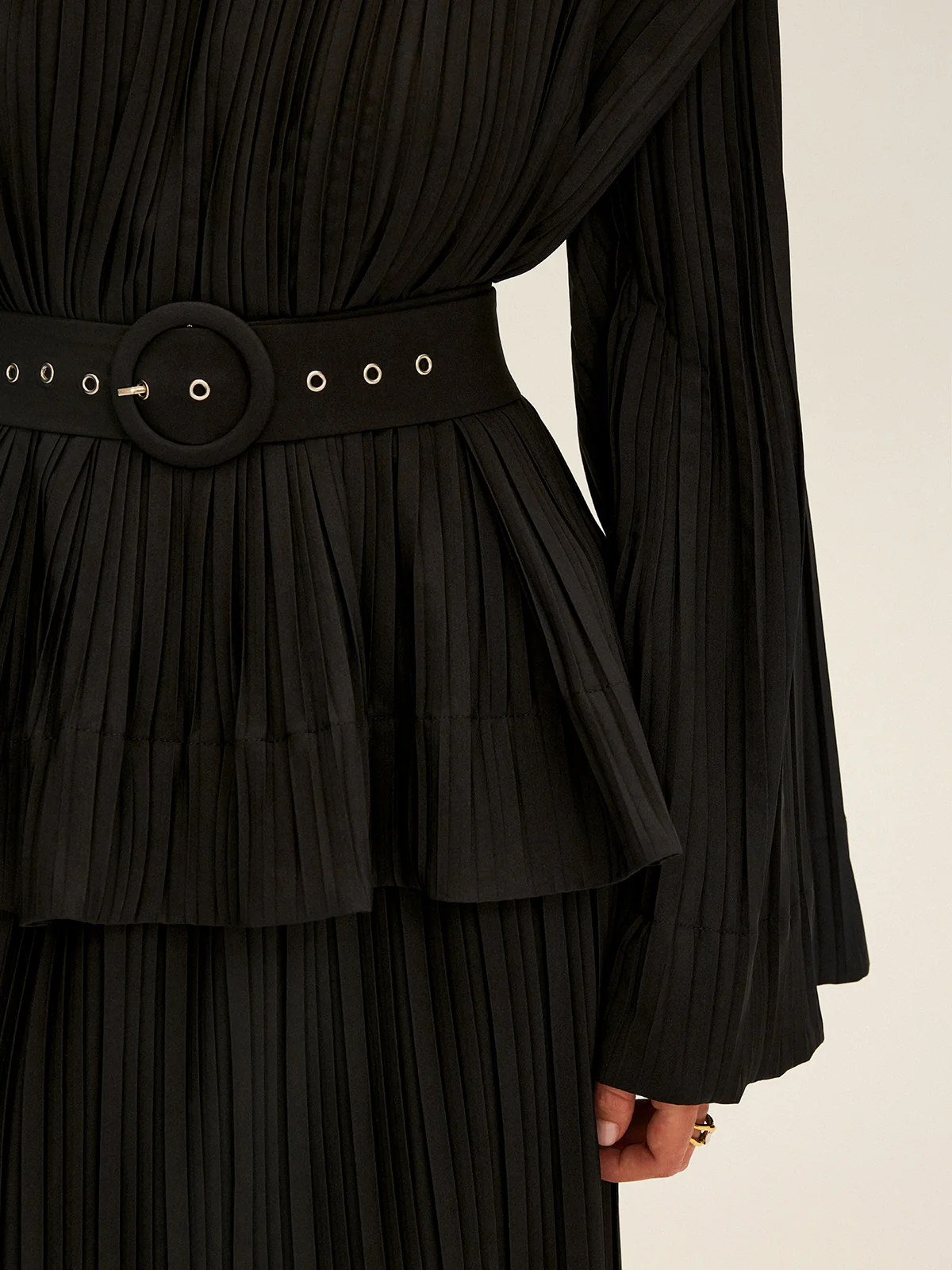 Pleated Bell Sleeve Belted Peplum Blouse - Image 3