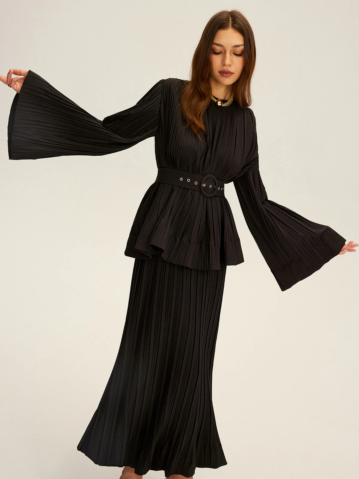 Pleated Bell Sleeve Belted Peplum Blouse - Image 4