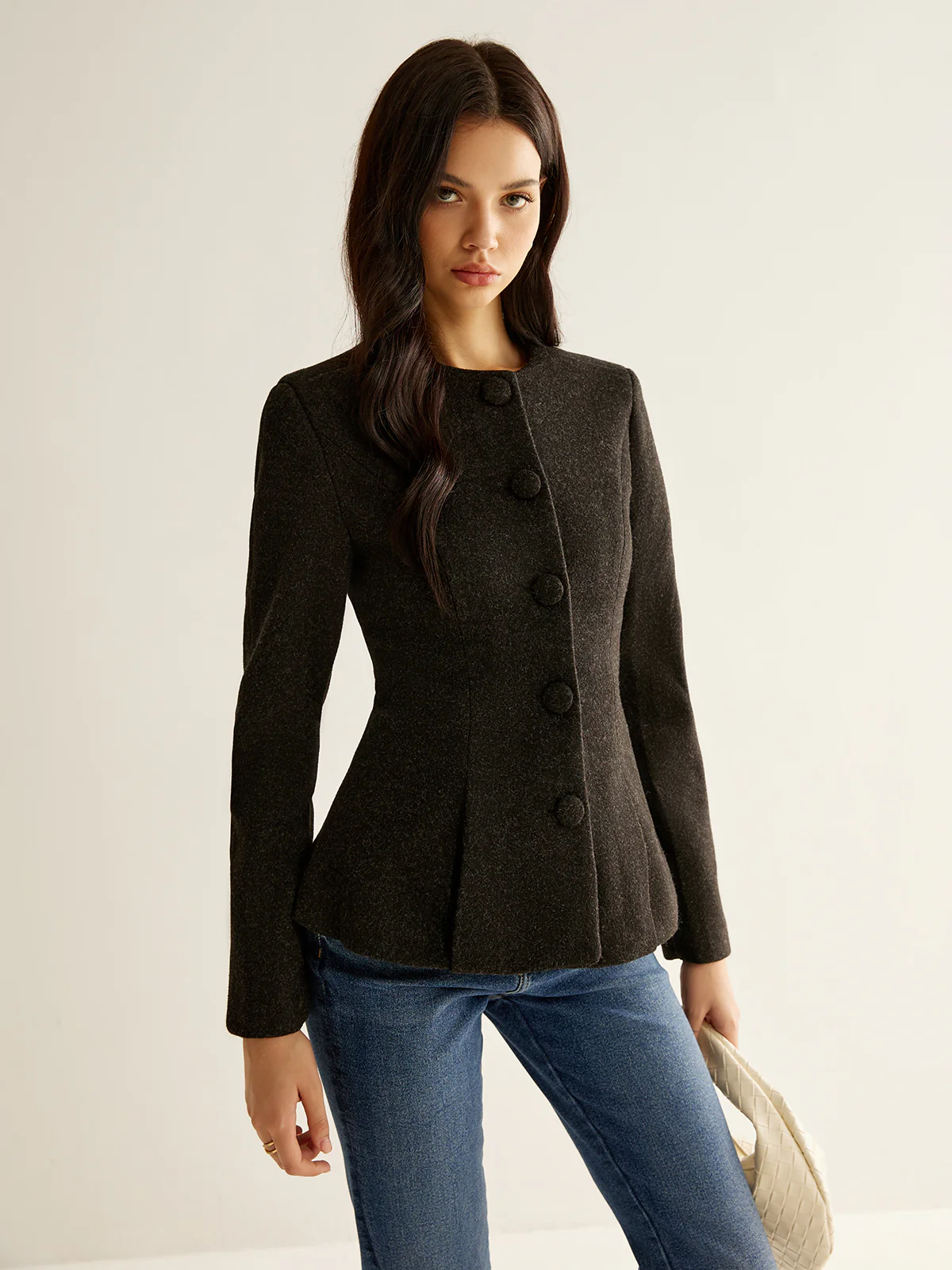 Pleated Button Slim Blazer Without Belt - Image 2