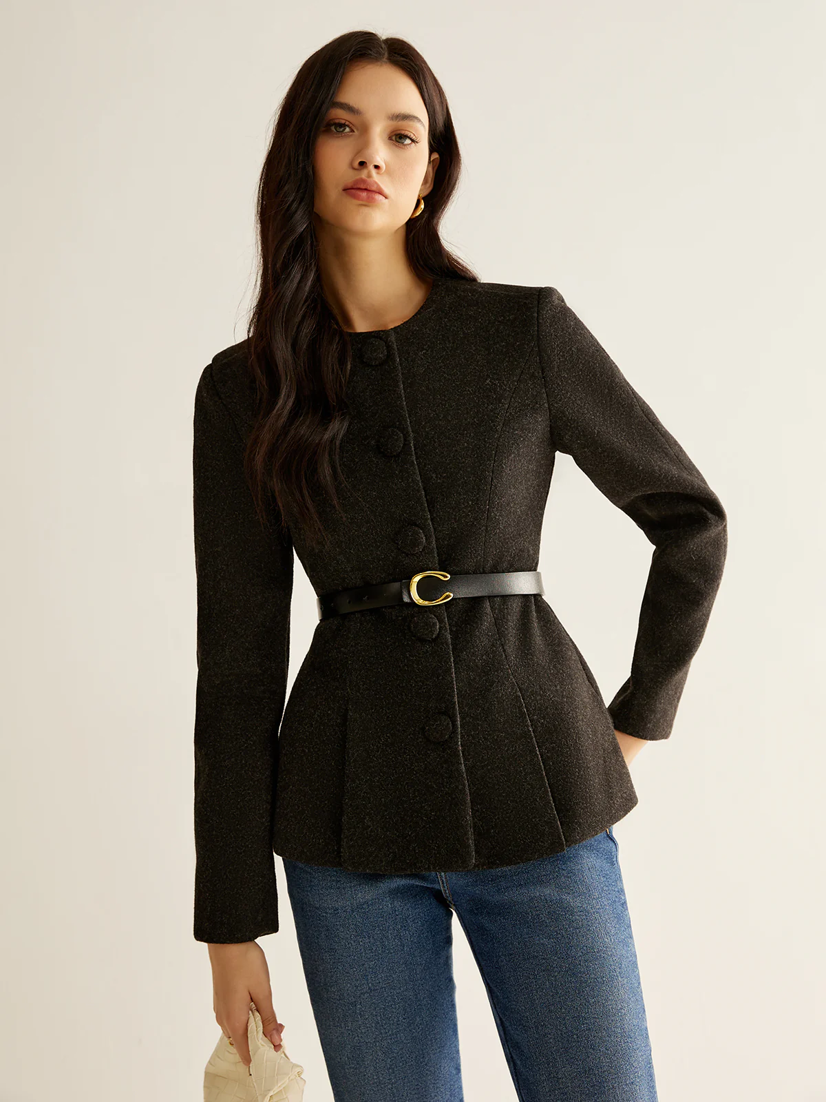 Pleated Button Slim Blazer Without Belt - Image 4