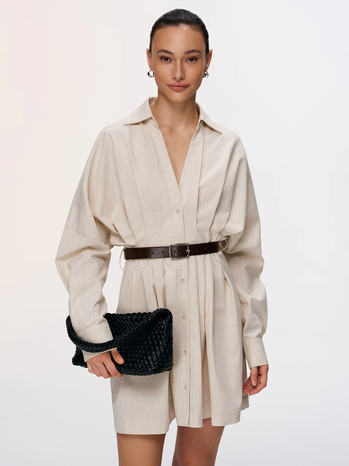 Pleated Cotton-Linen Belted Shirt Dress