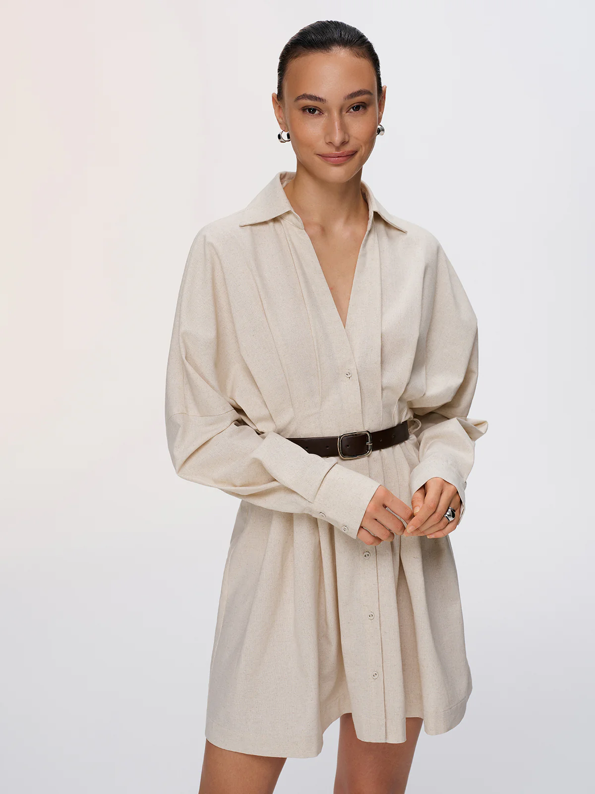 Pleated Cotton-Linen Belted Shirt Dress - Image 4