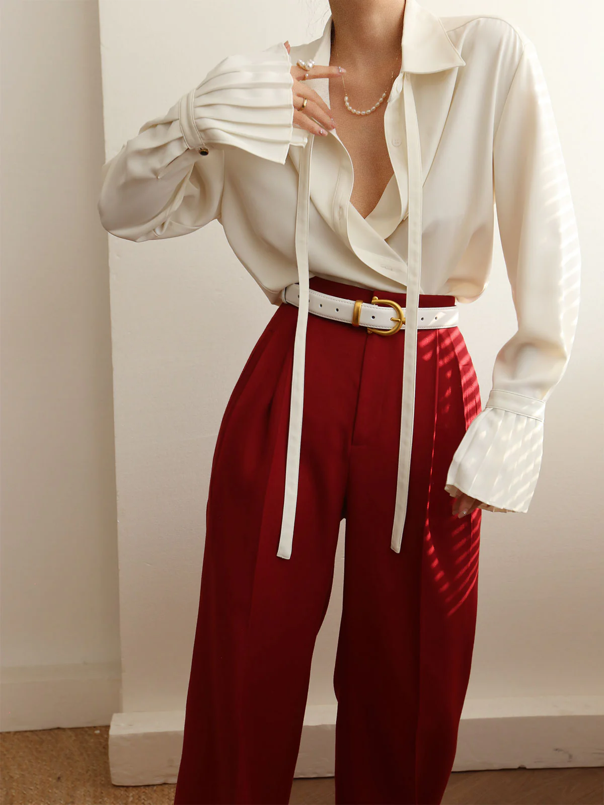 Pleated Cuff Collar Tied Button Shirt - Image 3