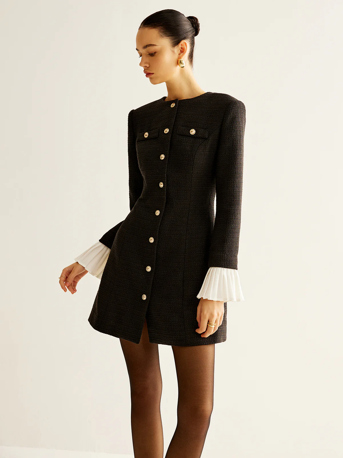 Pleated-Cuff Tweed Breasted Dress - Image 2