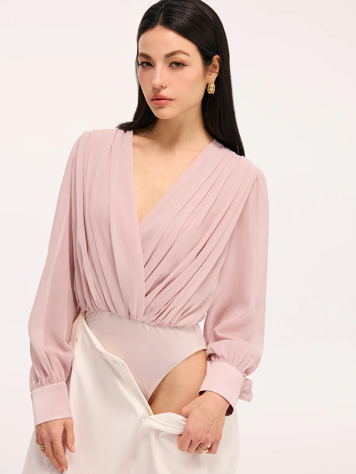 Pleated Deep V-Neck Long Sleeve Bodysuit - Image 5