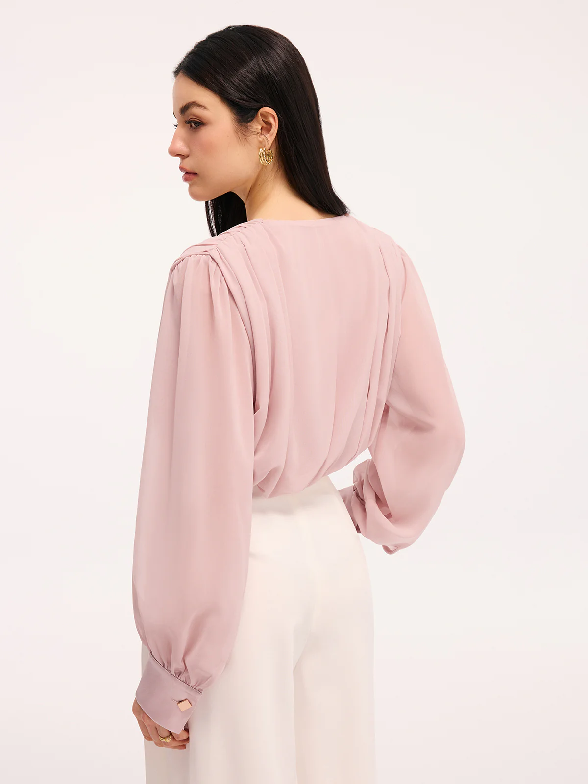 Pleated Deep V-Neck Long Sleeve Bodysuit - Image 6