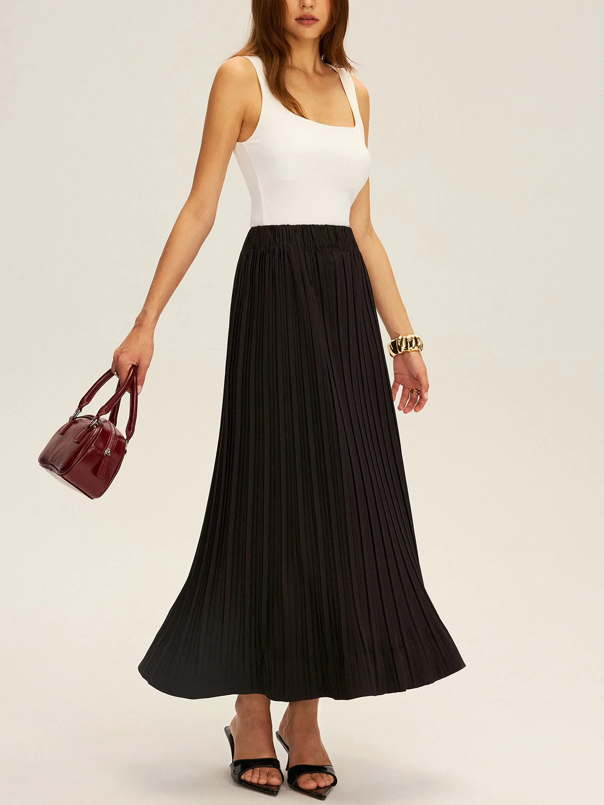 Pleated Elastic Waist Maxi Skirt - Image 2