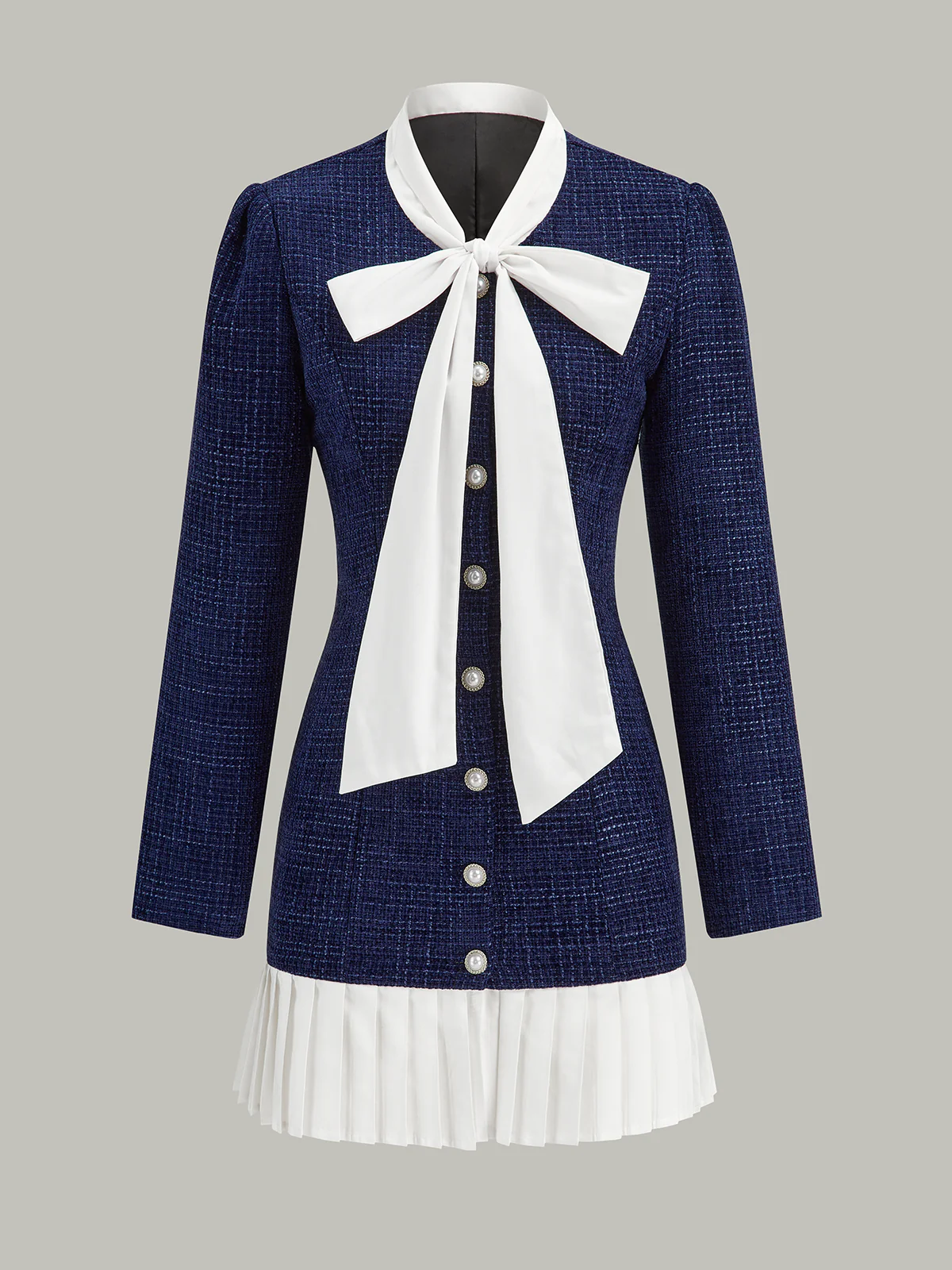 Pleated Hem Bow Neckline Tweed Mini Dress