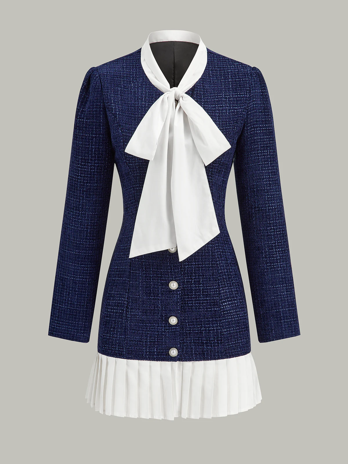 Pleated Hem Bow Neckline Tweed Mini Dress - Image 2