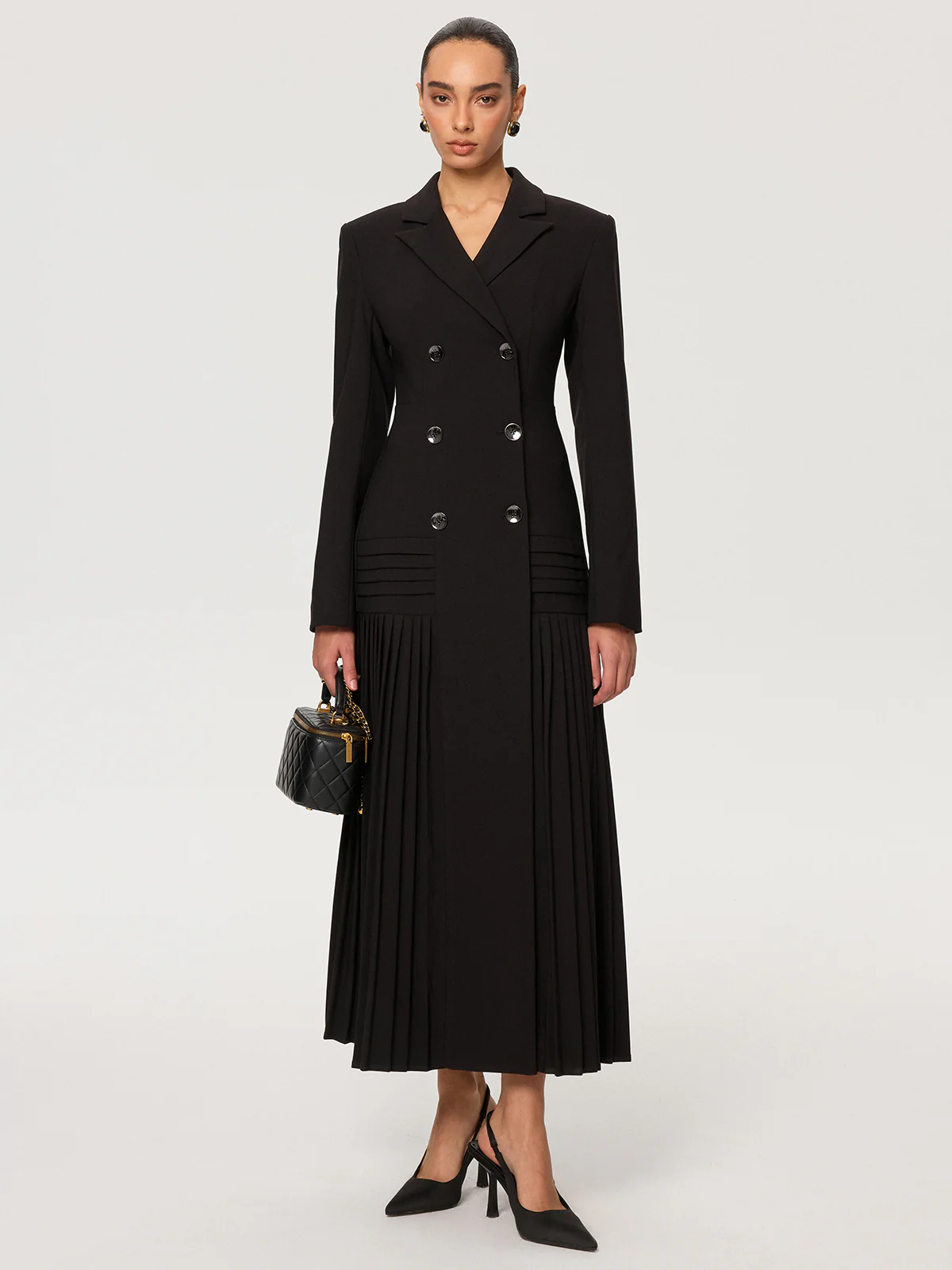 Pleated Hem Double-Breasted Blazer Coat