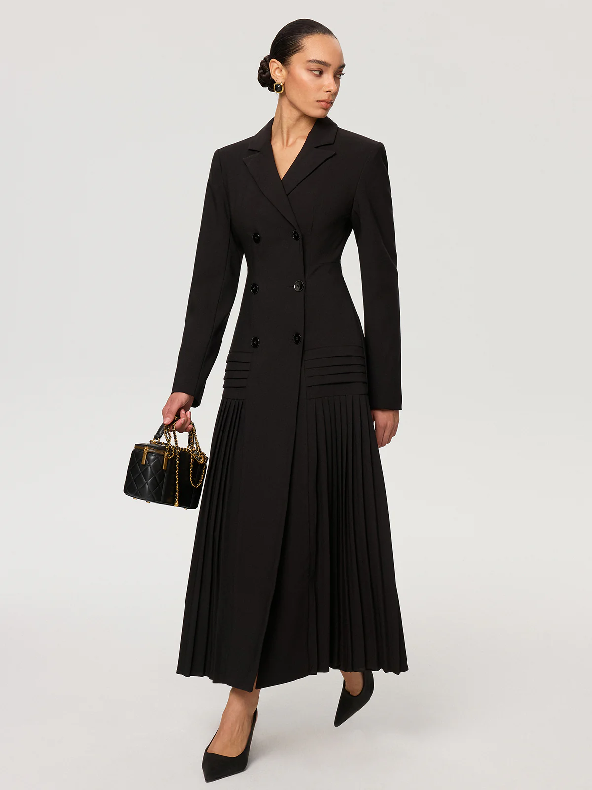 Pleated Hem Double-Breasted Blazer Coat - Image 5