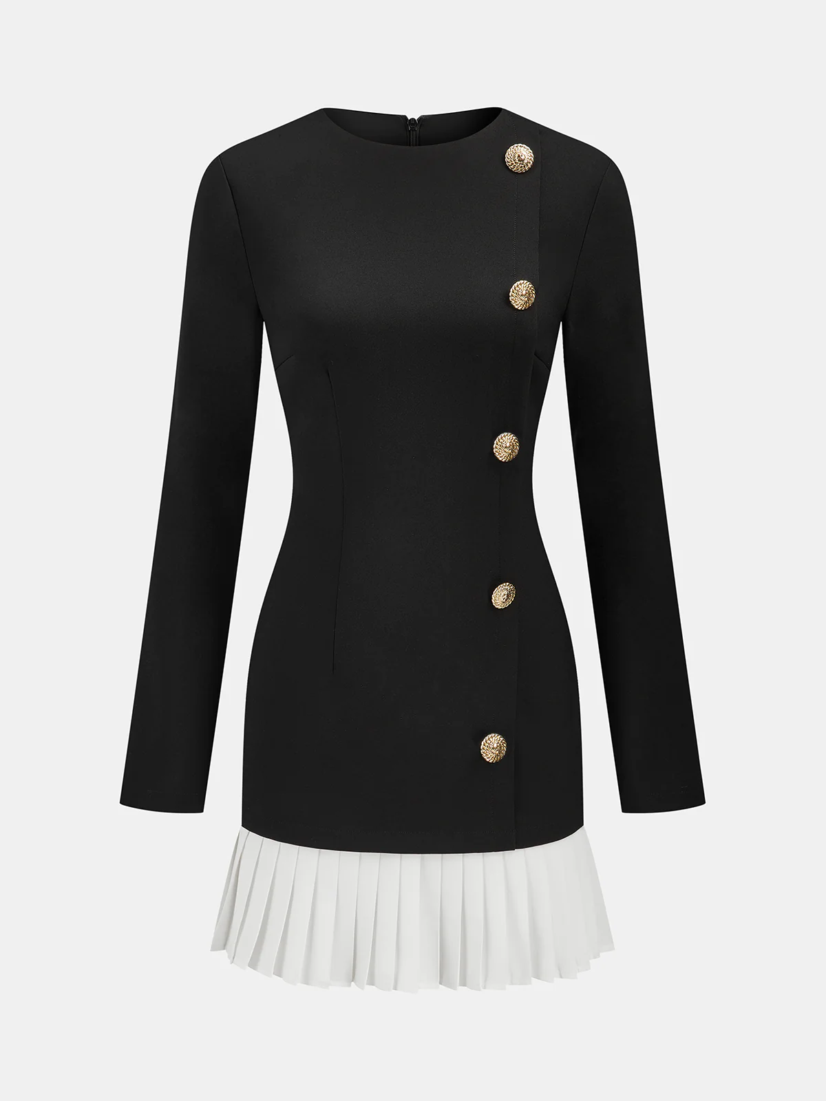 Pleated Hem Panel Asymmetric Metal Detail Mini Dress