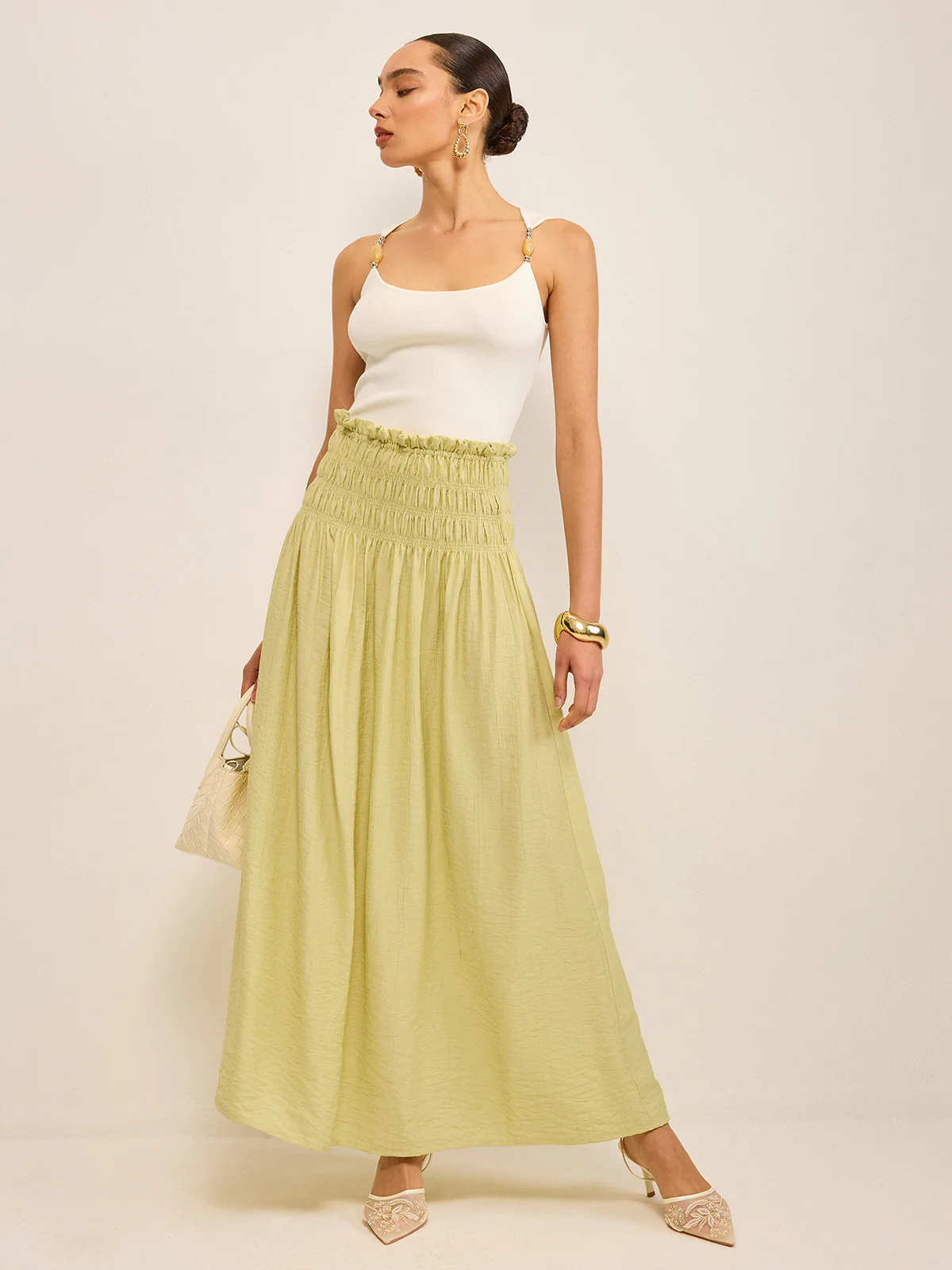Pleated Linen Smocked Maxi Skirt - Image 2