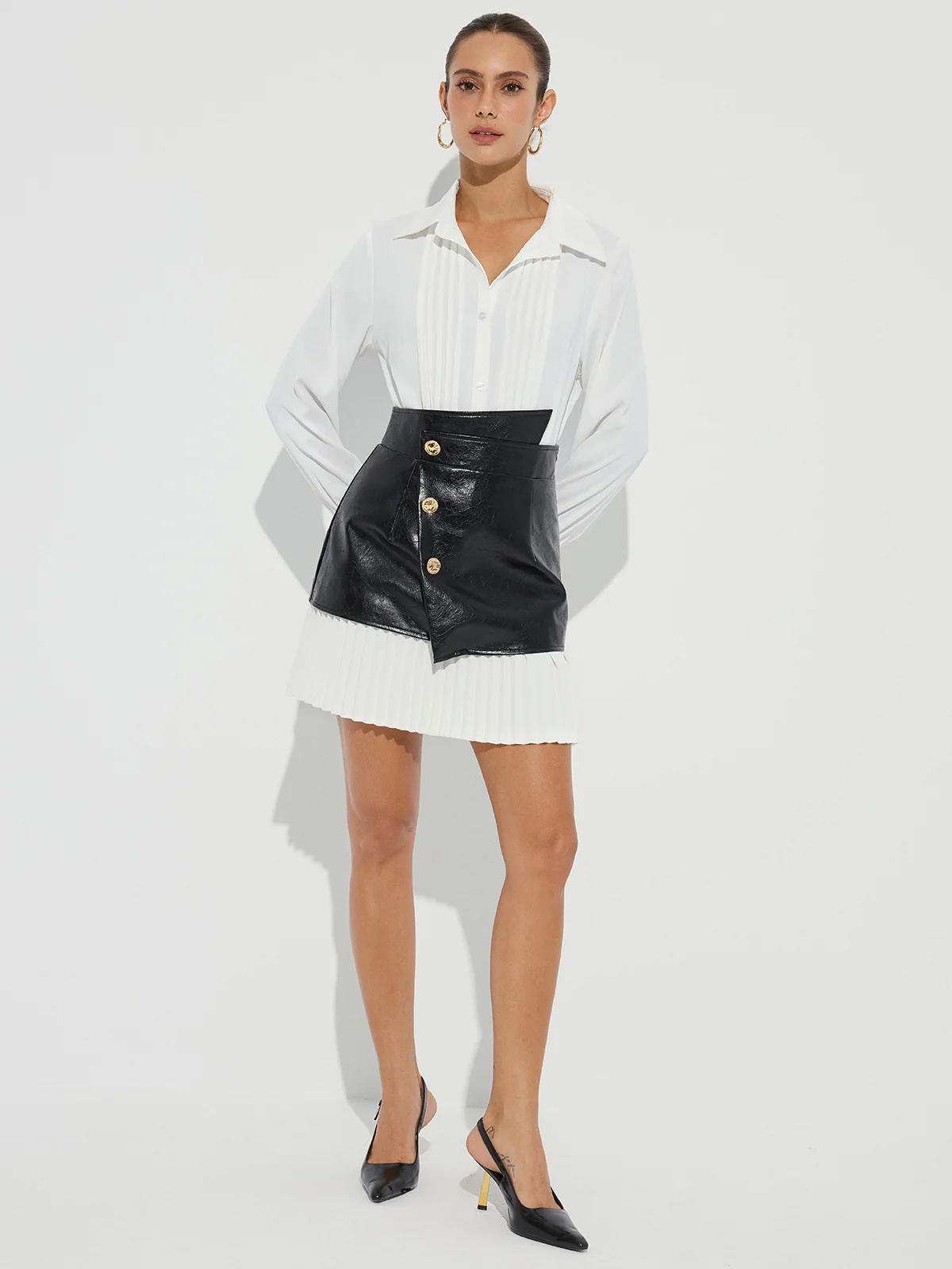 Pleated Panel Faux Leather Asymmetric Mini Skirt - Image 2