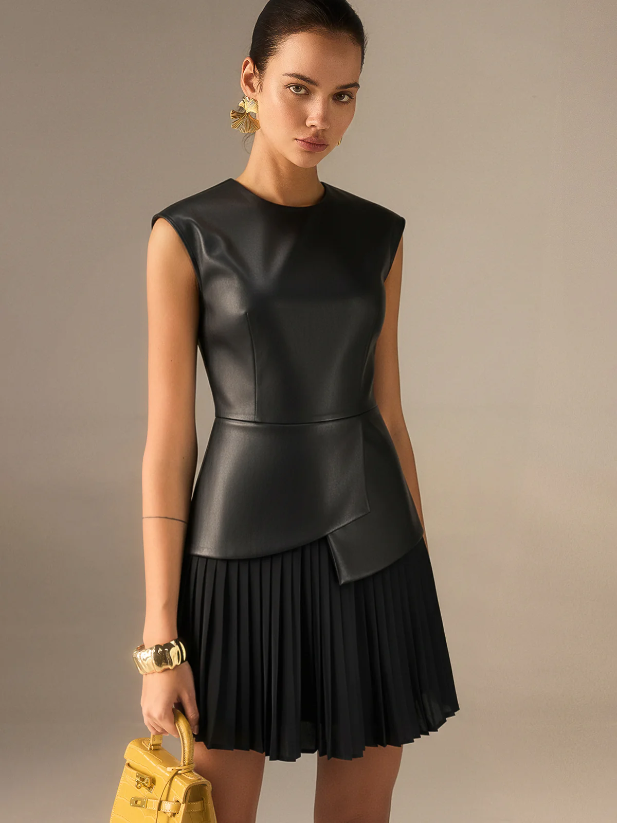 Pleated Panel Sleeveless PU Leather Dress - Image 2
