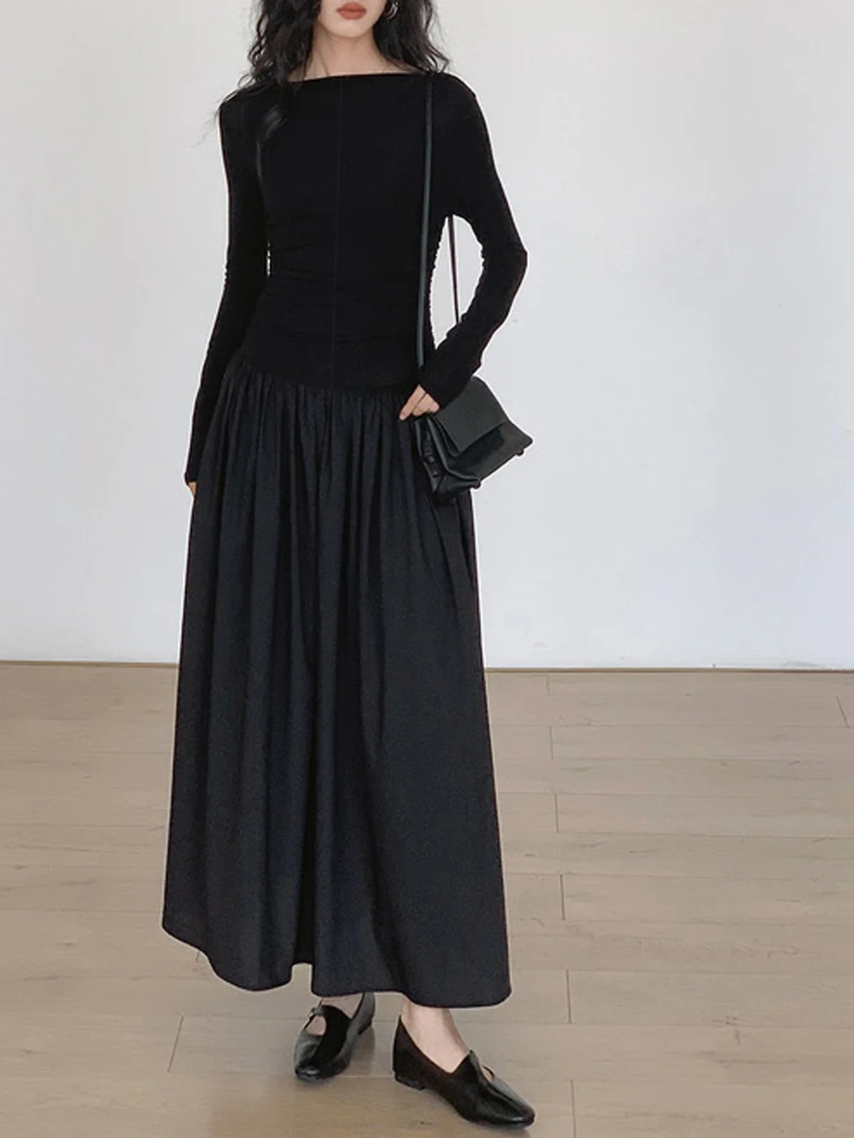 Pleated Patchwork Knit Long Sleeve Midi Dress - Image 3