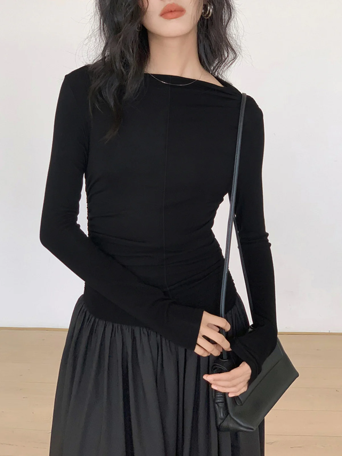Pleated Patchwork Knit Long Sleeve Midi Dress - Image 5