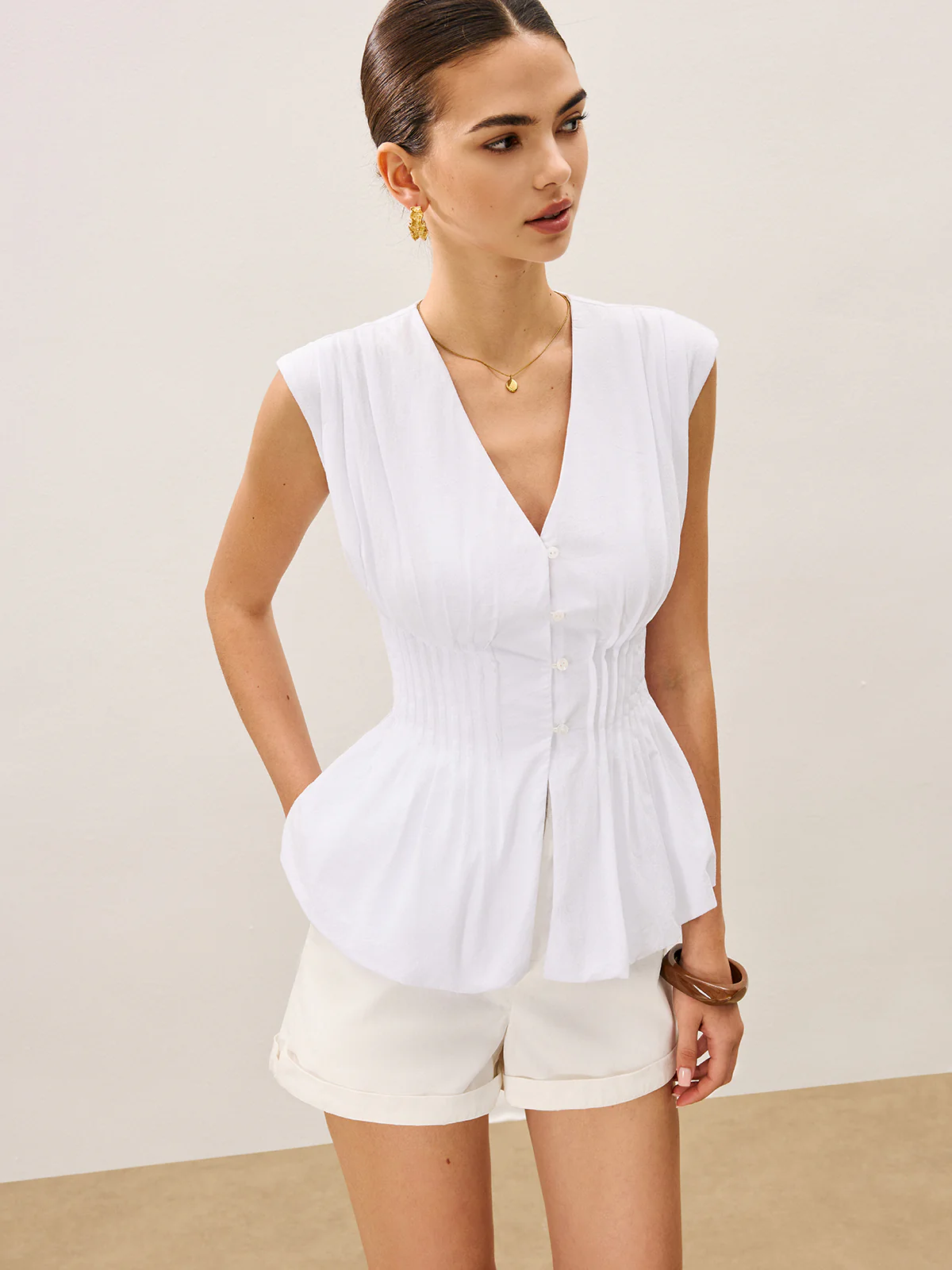 Pleated Peplum V-Neck Blouse - Image 2