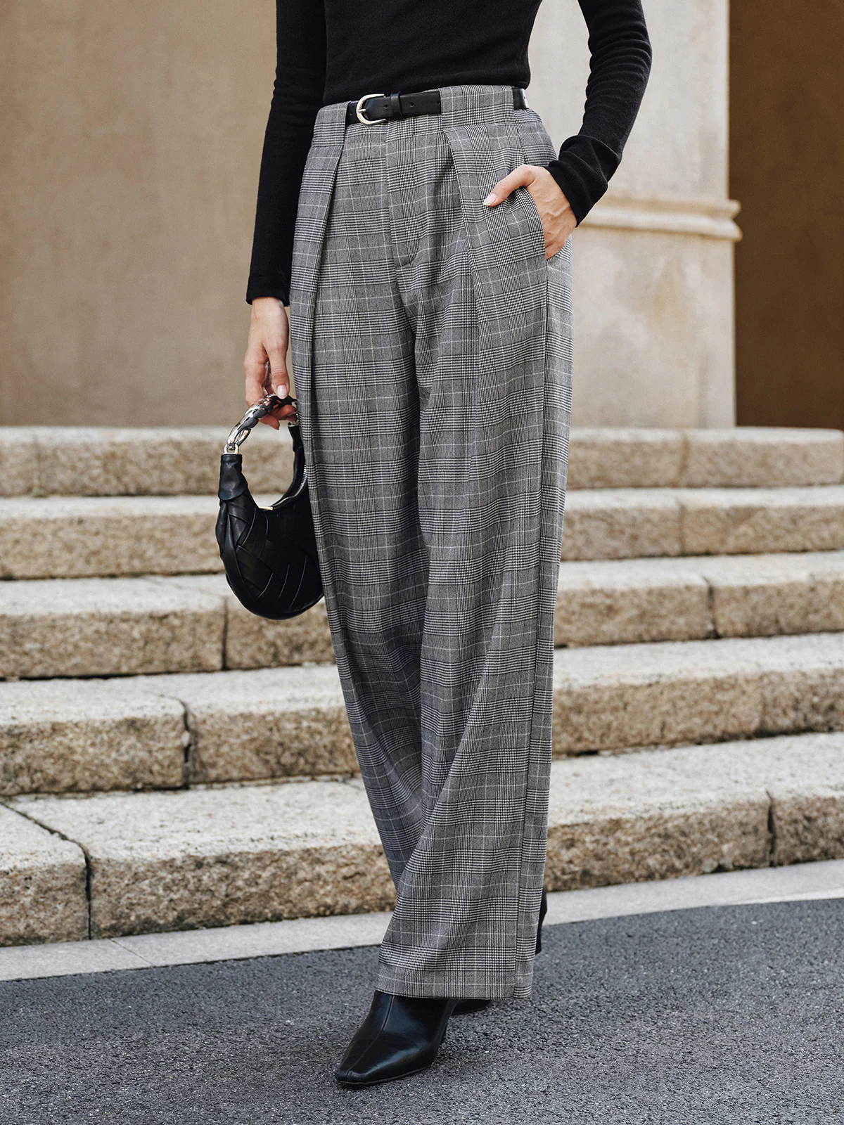 Pleated Plaid Belted Wide-Leg Pants - Image 2