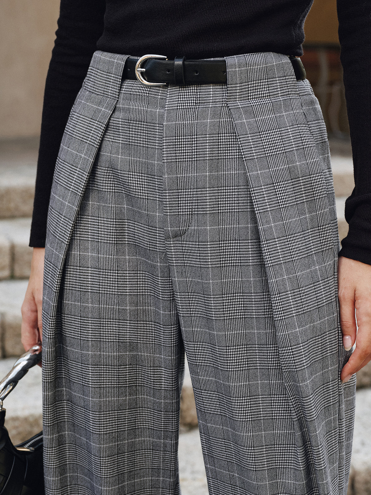 Pleated Plaid Belted Wide-Leg Pants - Image 3