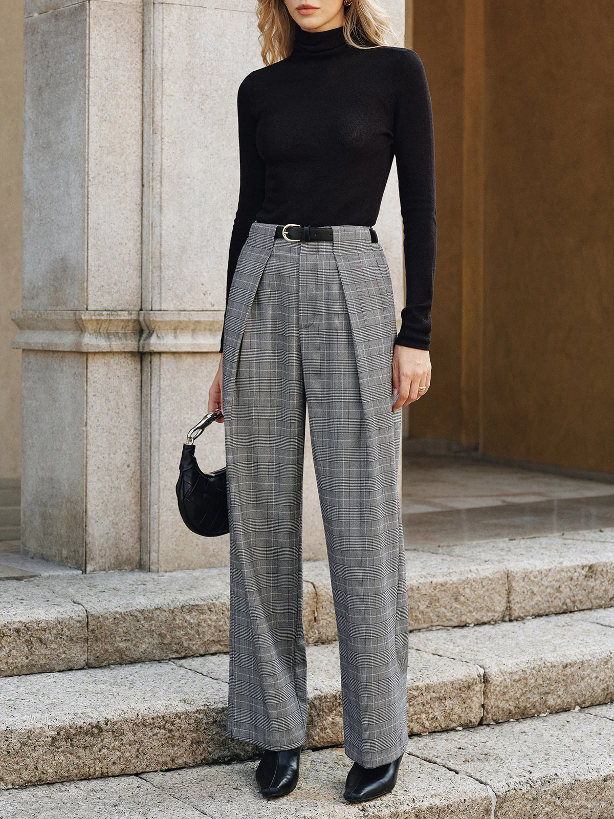 Pleated Plaid Belted Wide-Leg Pants - Image 4