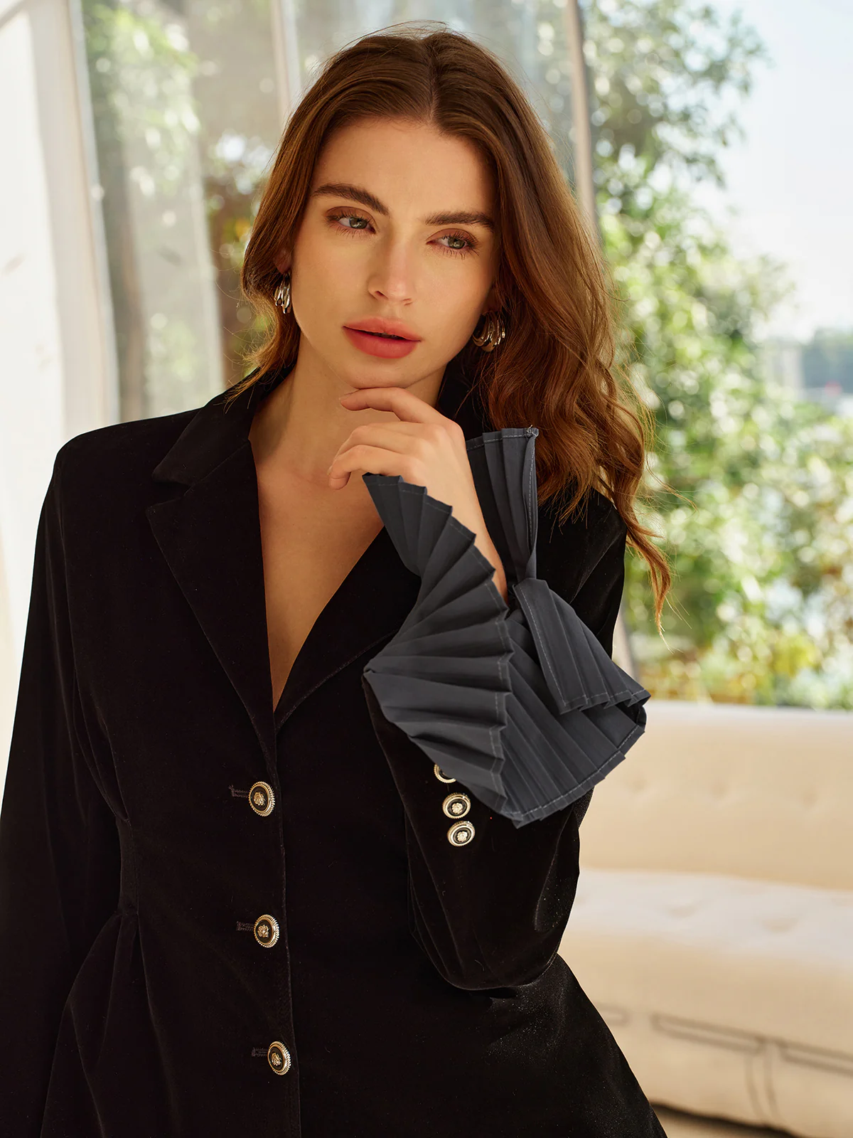Pleated Ruffle-Cuff Velvet Skirt Set - Image 4