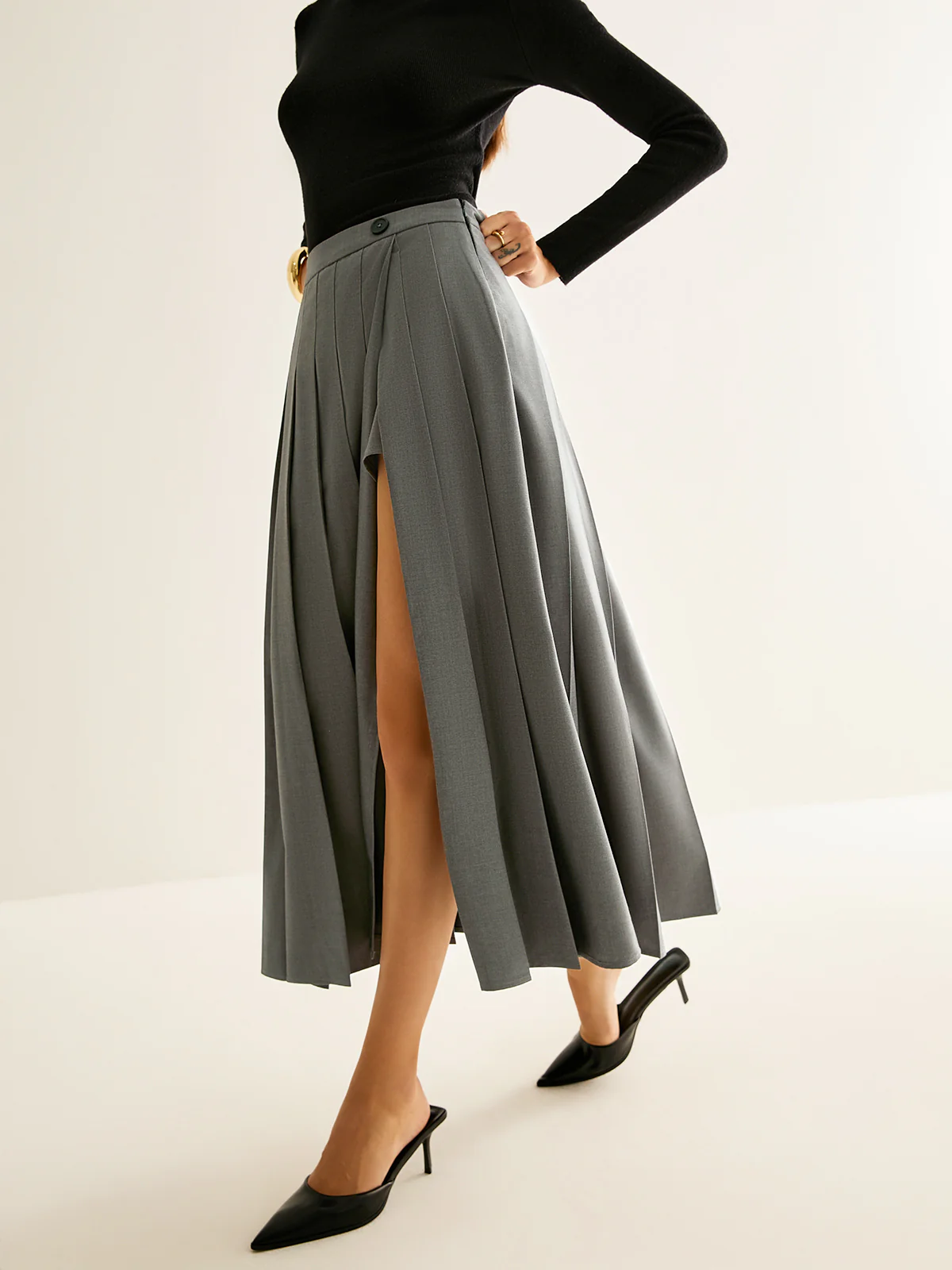 Pleated Slit Zipper Skirt - Image 4