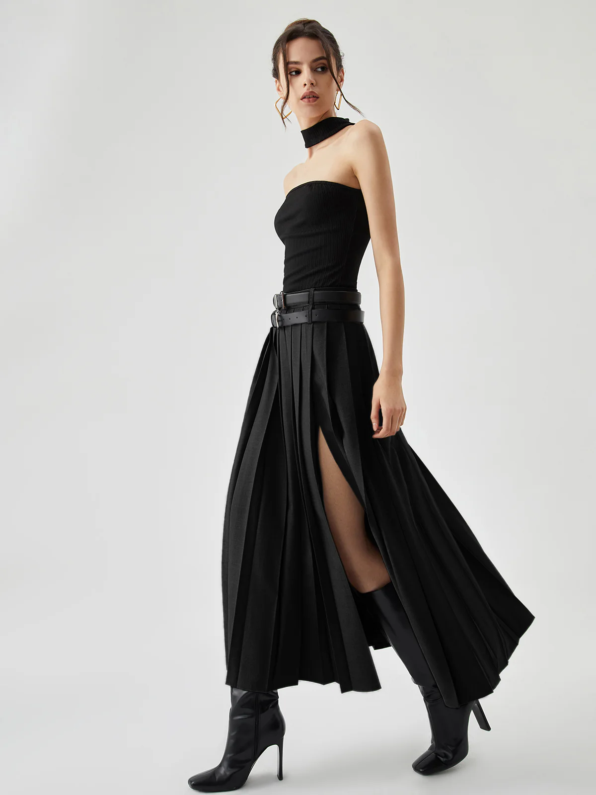 Pleated Split Maxi Skirt Without Belt - Image 5