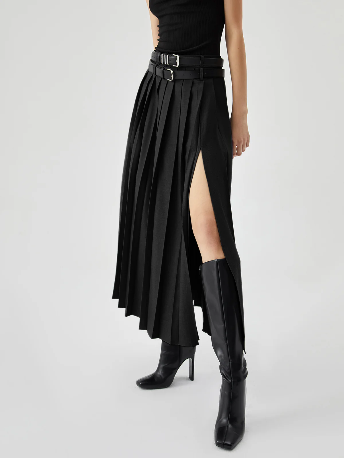 Pleated Split Maxi Skirt Without Belt - Image 6