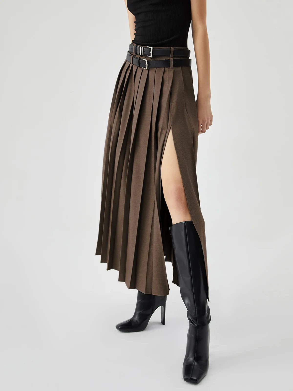 Pleated Split Maxi Skirt Without Belt - Image 8