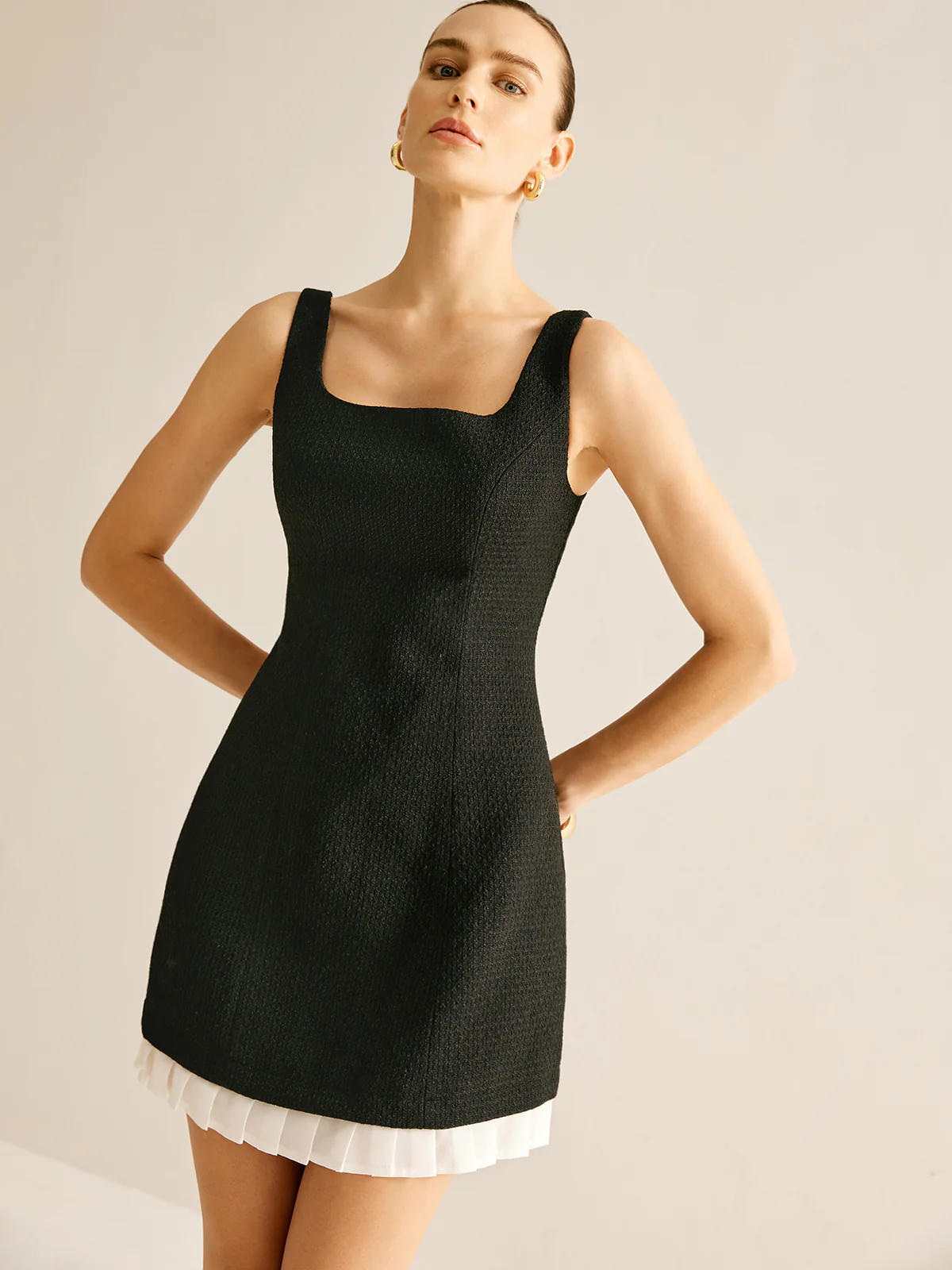Pleated Trim Tweed Tank Short Dress - Image 2