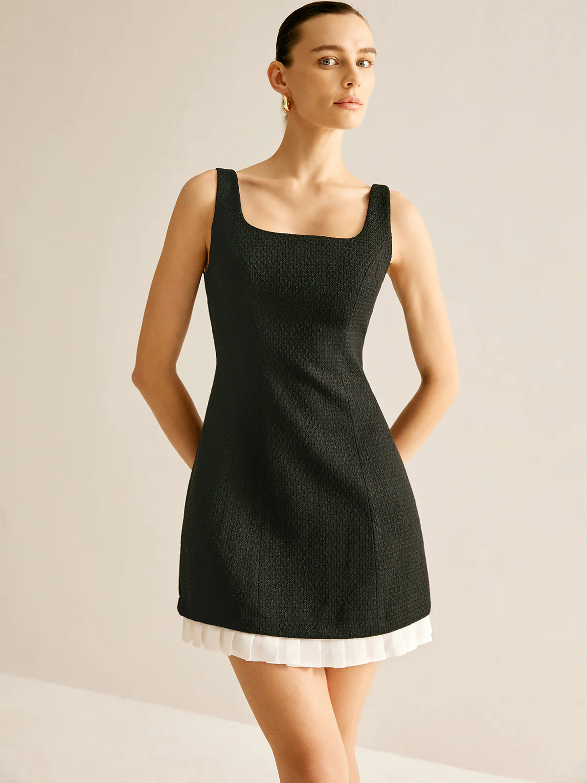 Pleated Trim Tweed Tank Short Dress - Image 5