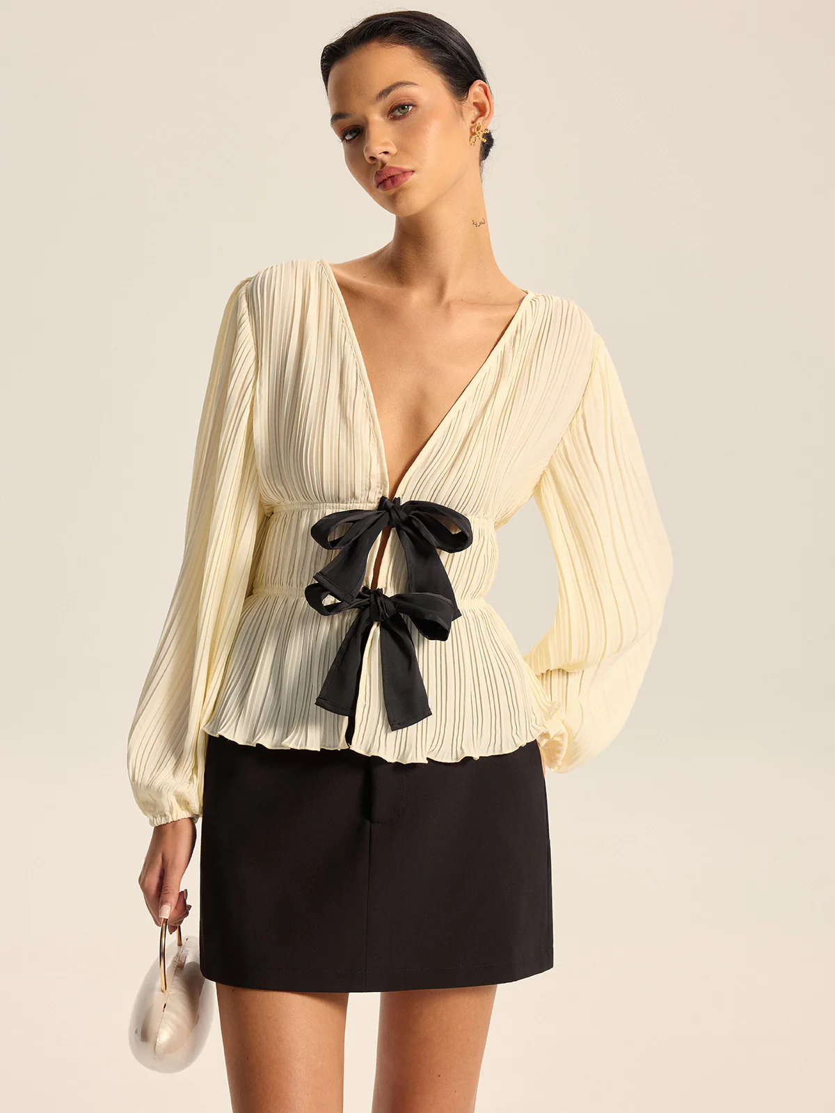 Pleated V-Neck Bow Blouse - Image 2