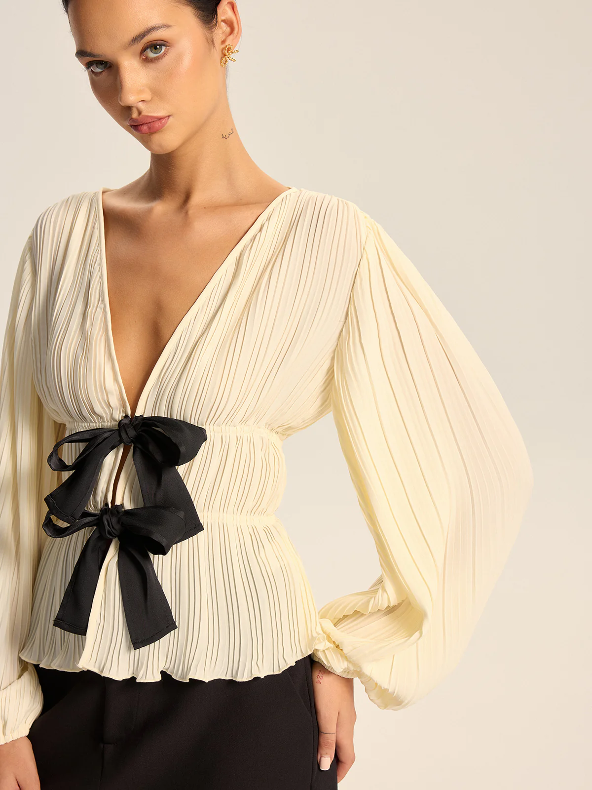 Pleated V-Neck Bow Blouse - Image 3