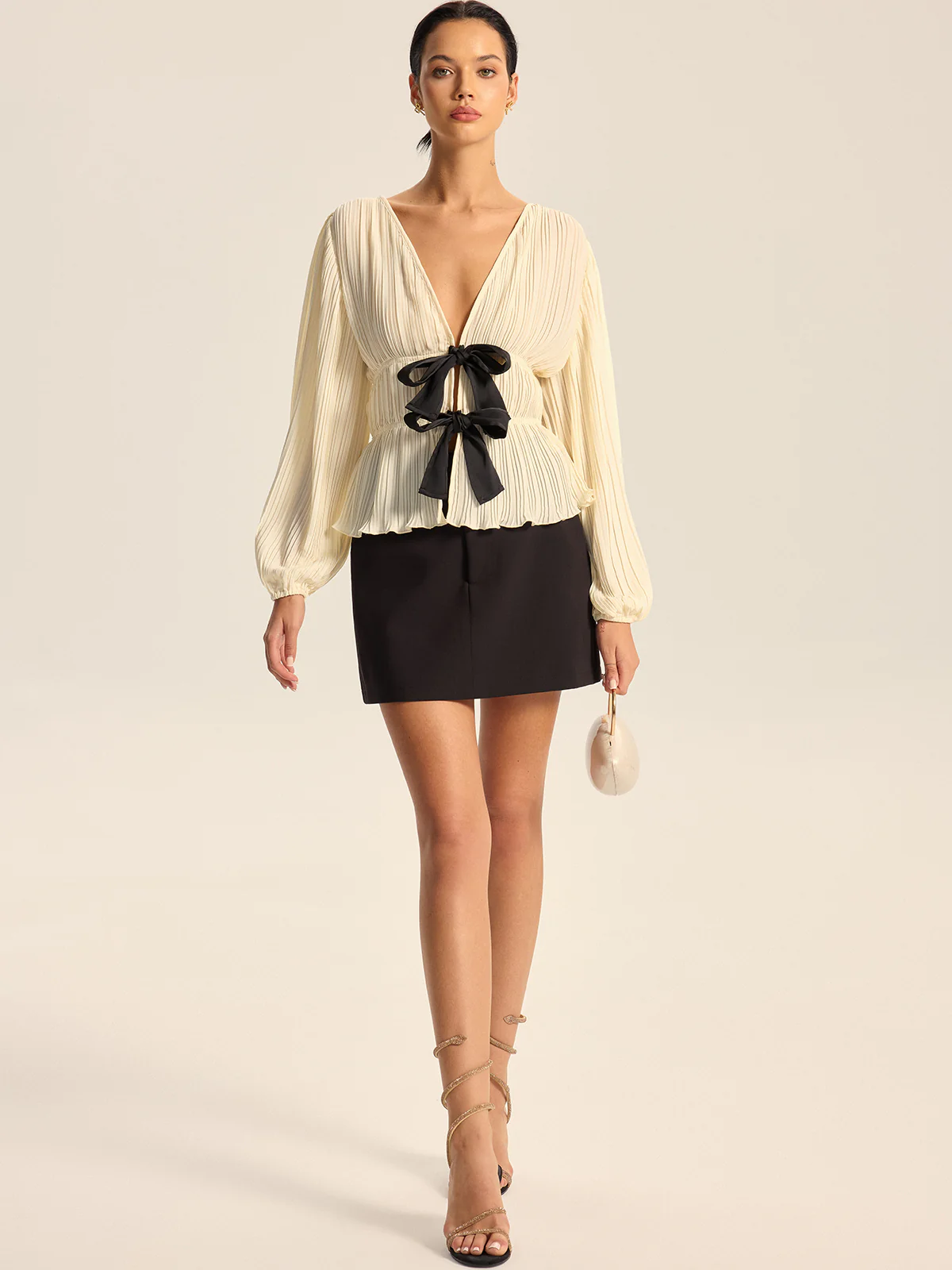 Pleated V-Neck Bow Blouse - Image 4