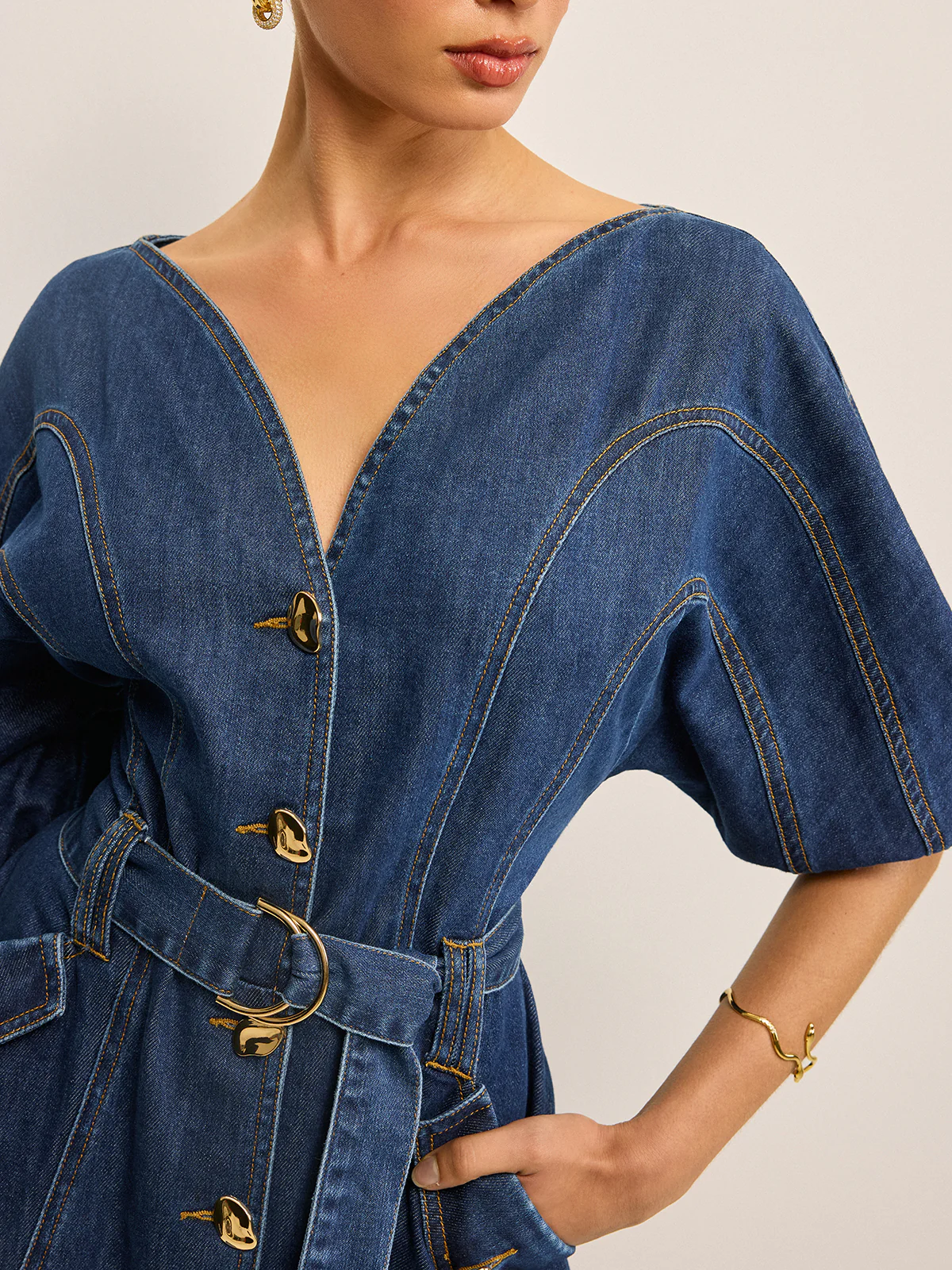 Pocketed Belted Denim Dress - Image 4