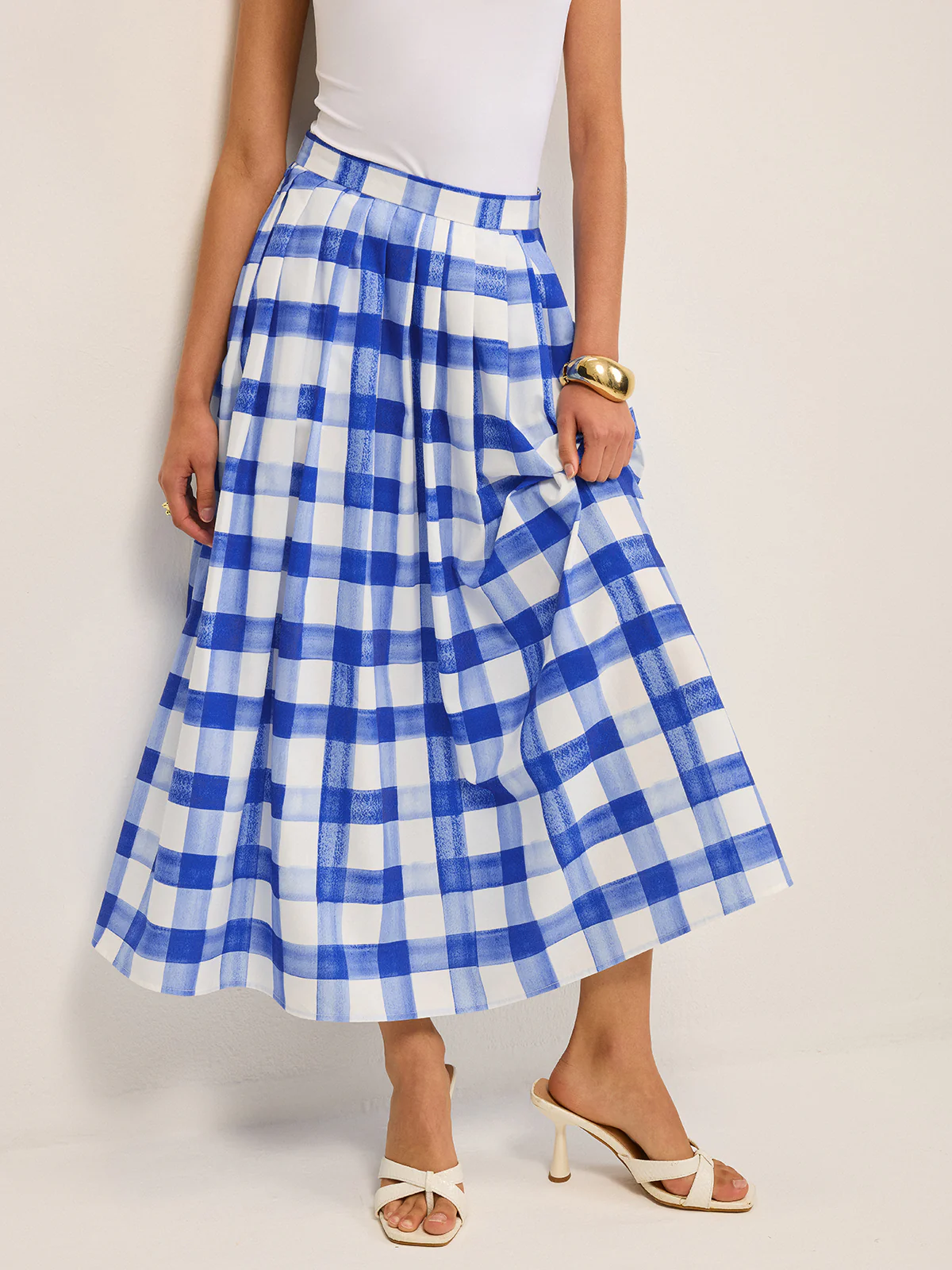 Pocketed Gingham Midi Skirt