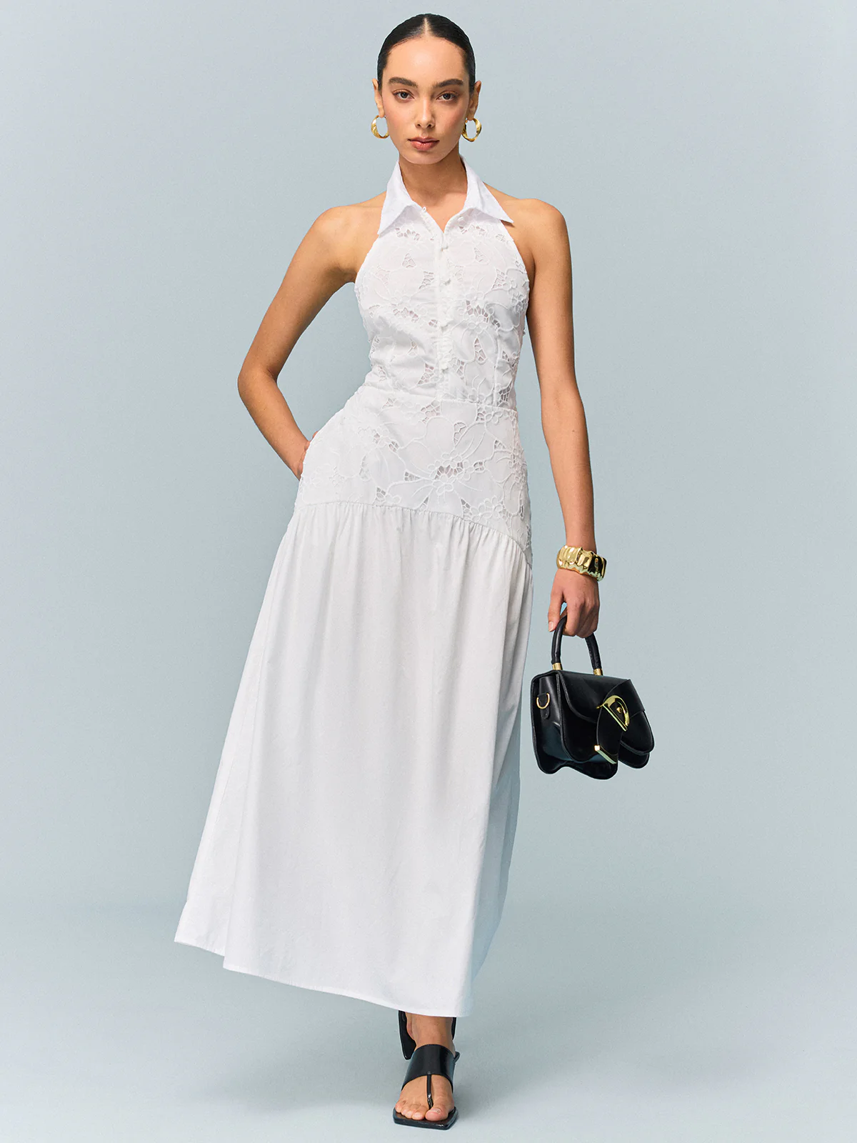 Pocketed Halter Neck Embroidered Dress with Non-Belted - Image 3