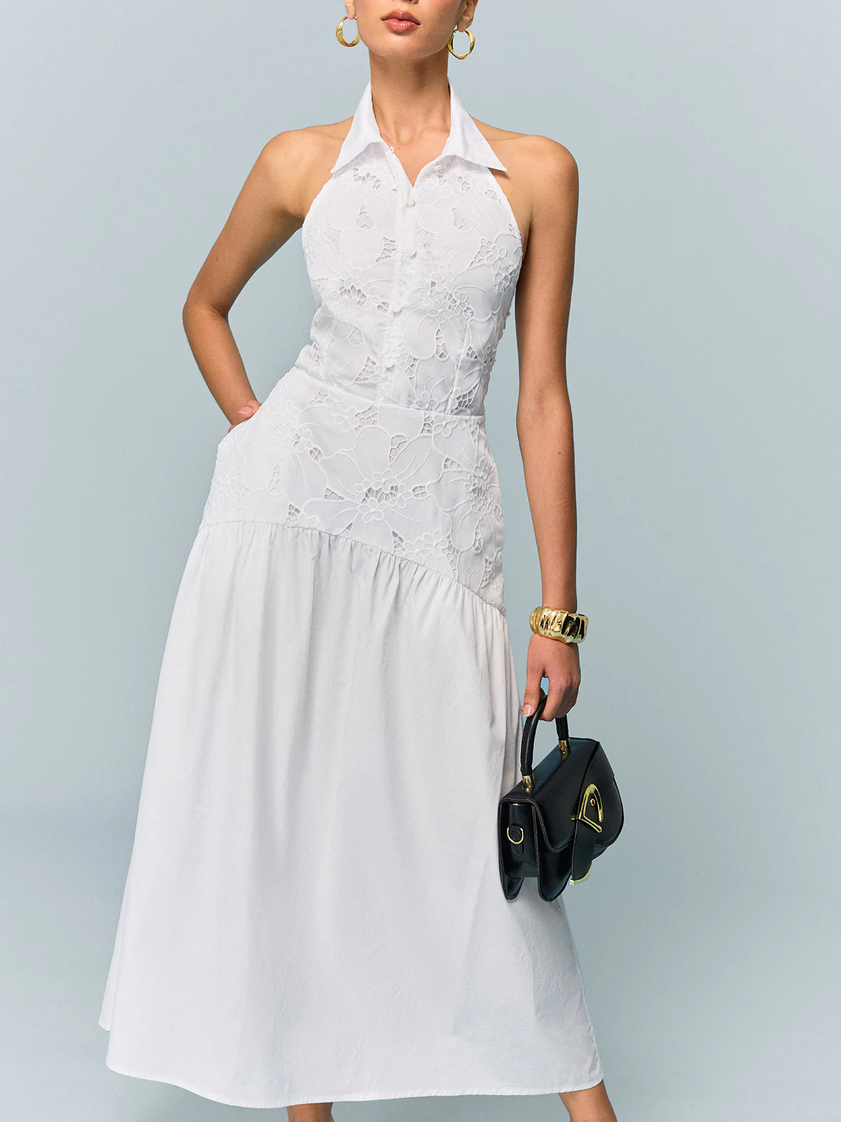 Pocketed Halter Neck Embroidered Dress with Non-Belted - Image 4